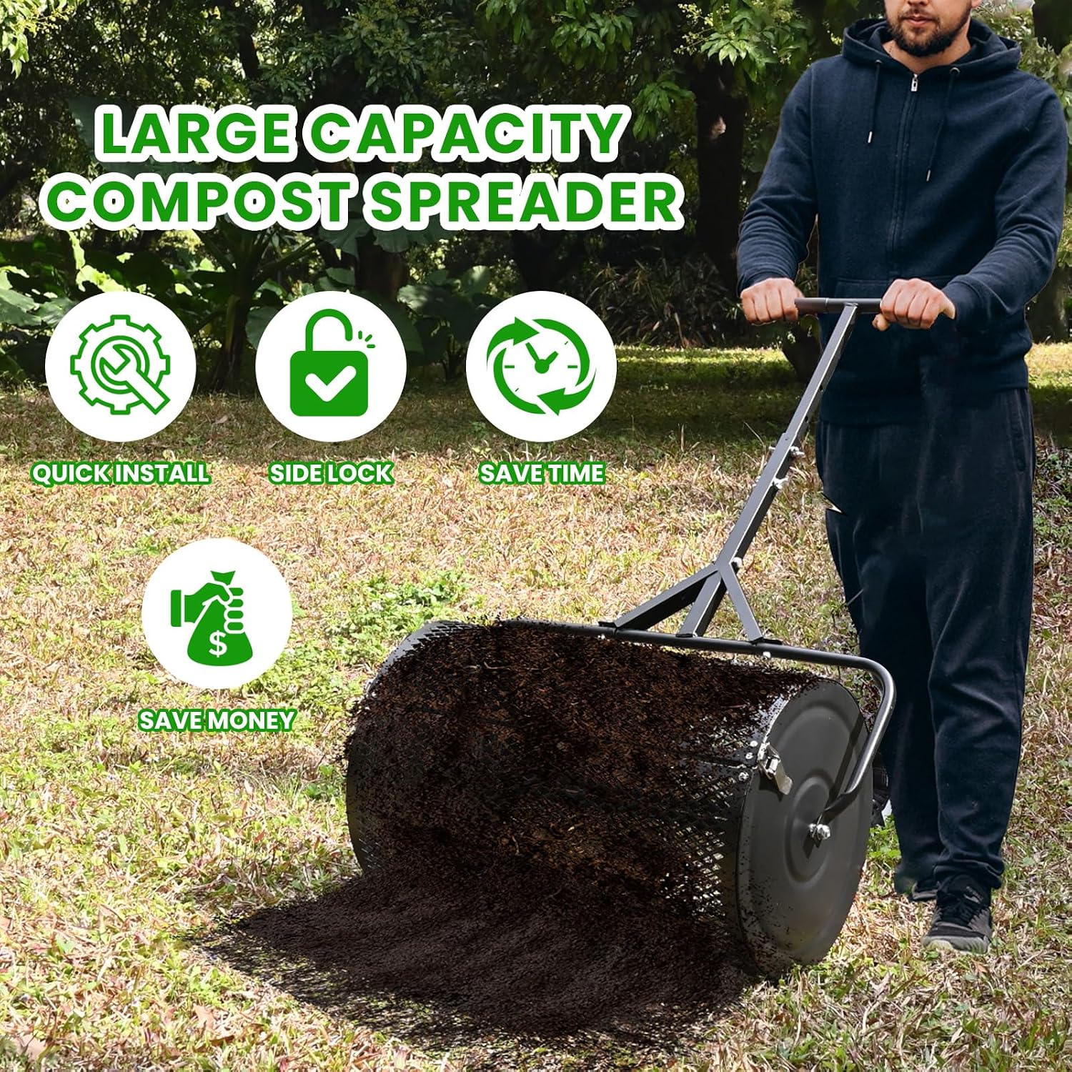 MAKEATREE 24 Inch Compost Spreader and Peat Moss Spreader, Lawn Roller for Spreading Top Soil Manure Dirt, Black