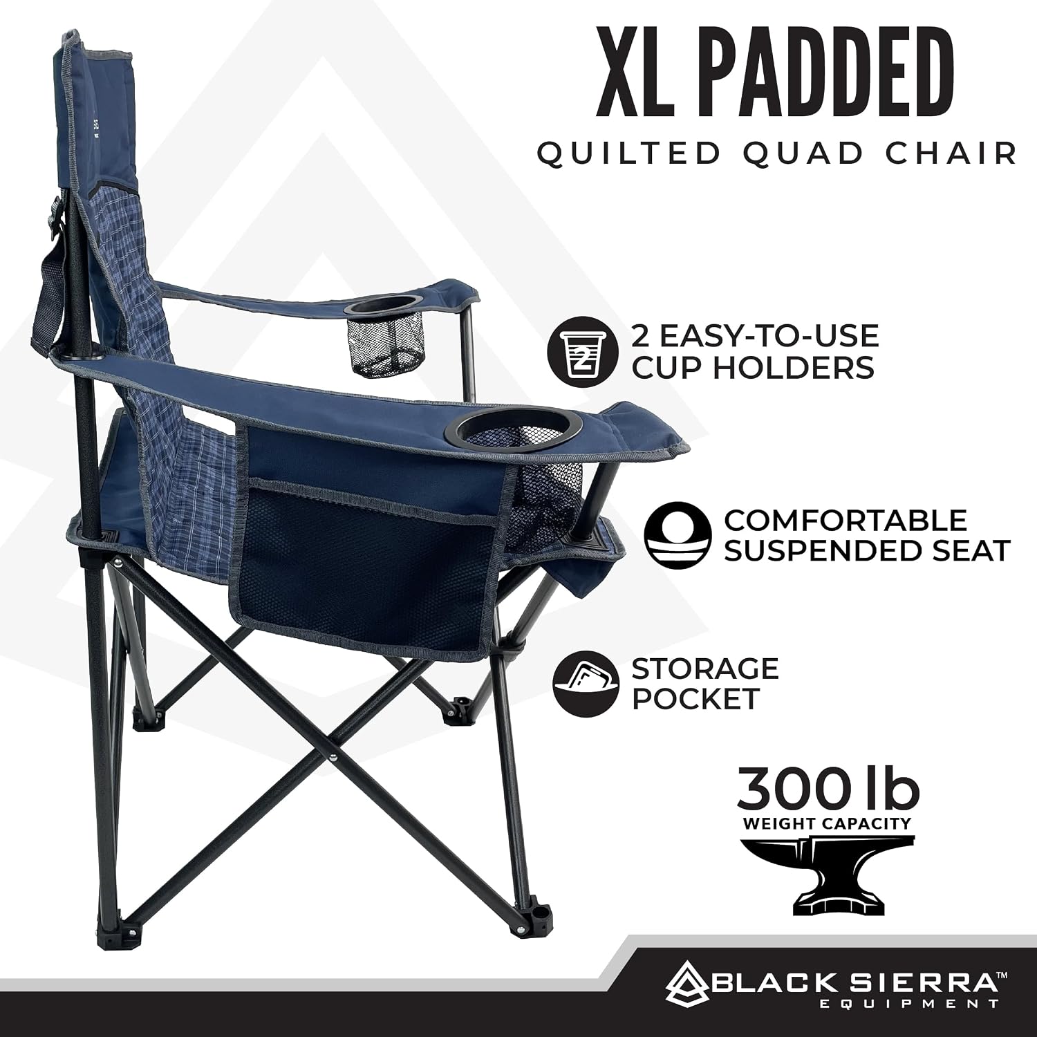 Black Sierra Quilted Padded Camping Chair, Oversized Heavy Duty Outdoor Lounge Seat Supports 300 lbs, Portable, Folding with Cup Holder for Beach, Tailgating, Sports, Patio