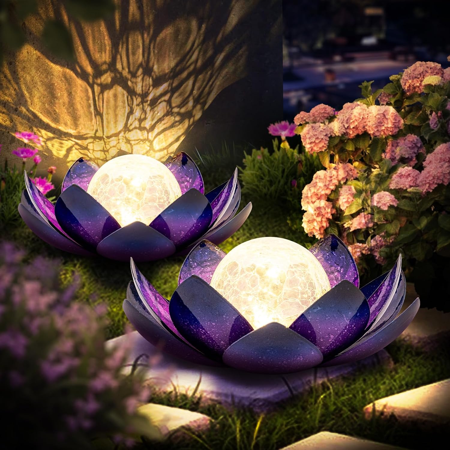 Huaxu Solar Lights Outdoor Garden, Crackle Globe Glass Lotus Decor, Waterproof LED Metal Flower Decorations for Patio,Lawn,Walkway,Tabletop,Ground