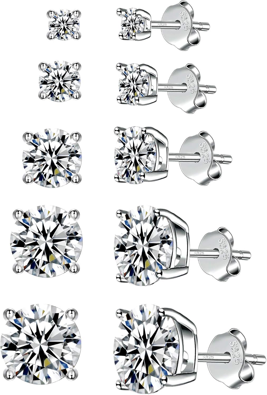 925 Sterling Silver Stud earrings Set | White Gold Plated Hypoallergenic Stud Earrings | Cubic Zirconia Stud Earrings for Women (2mm, 3mm, 4mm, 5mm