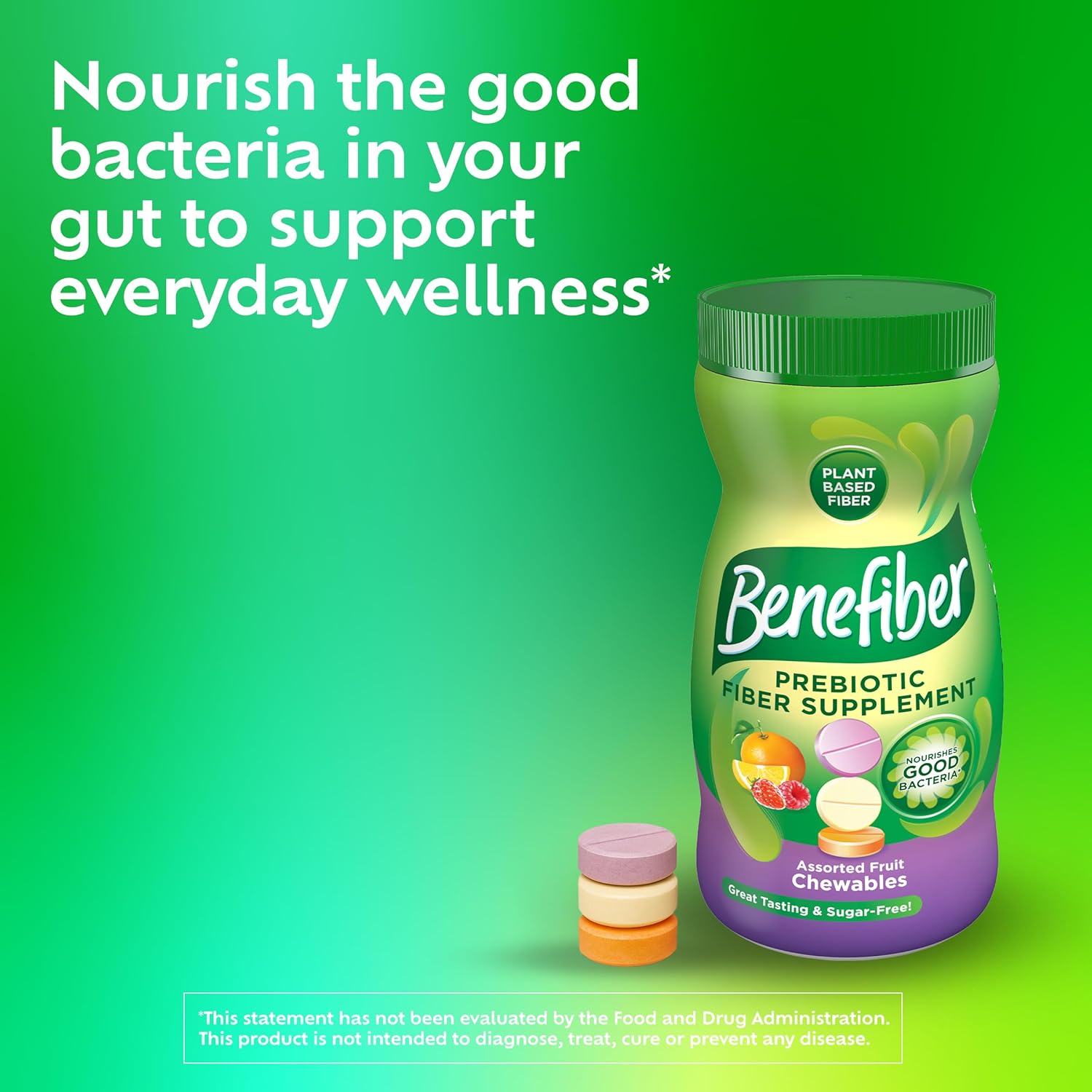 Benefiber Chewable Prebiotic Fiber Tablets, Assorted Fruit Flavors, 100 Ct | Plant-based Prebiotic Fiber, Supports Gut Health by Nourishing Good Gut Bacteria, GLP-1 Support for Digestive Health
