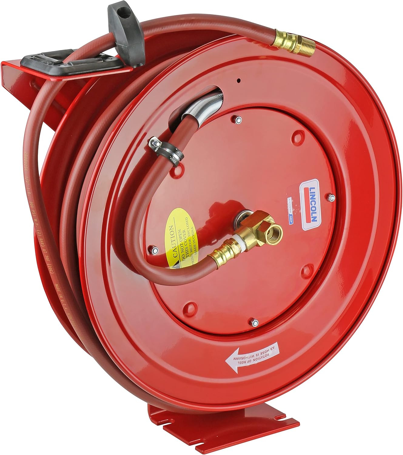 Lincoln 83754 Value Series Air/Water Retractable Hose Reel with 50' x 3/8" Rubber Air Hose, 1/2" NPT, 300 PSI, Slotted Mounting Base