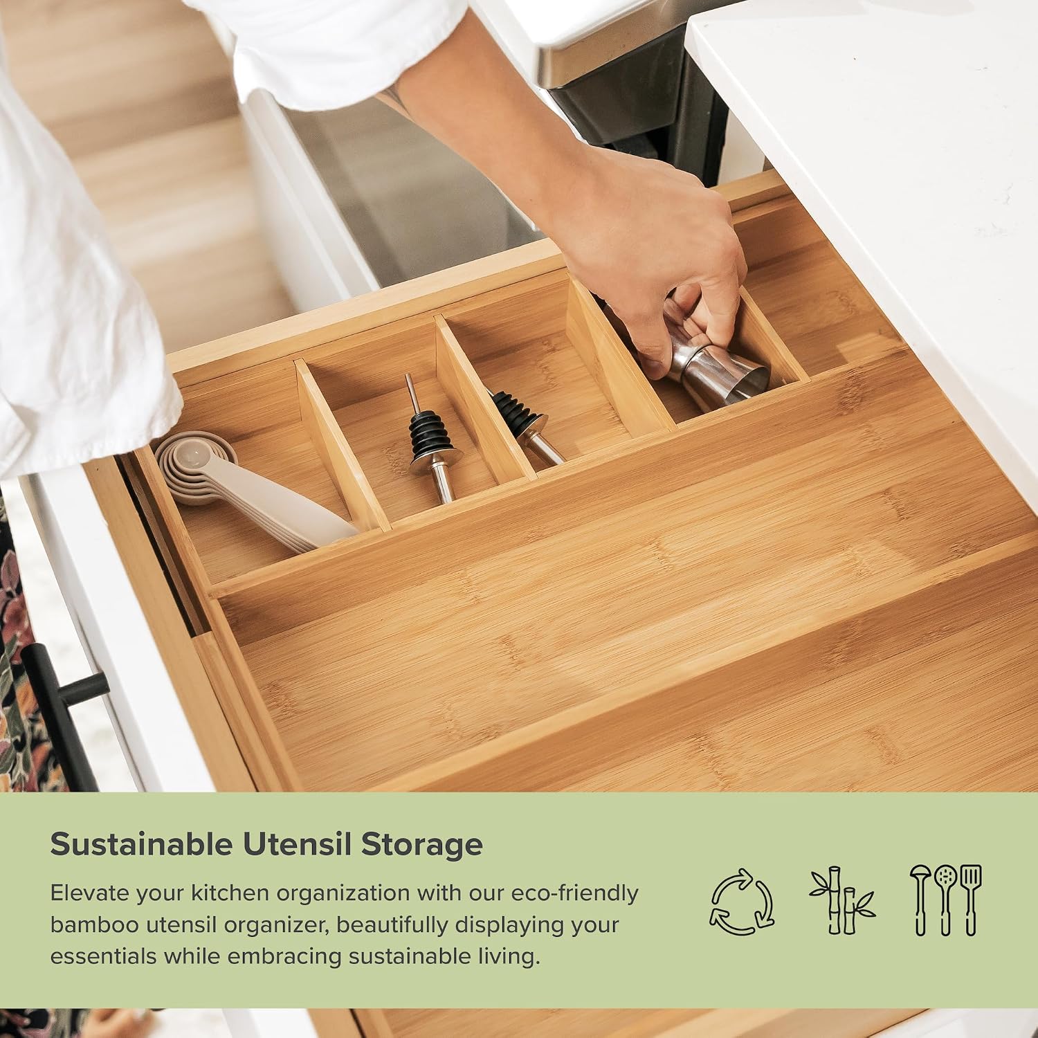 Utensil & Junk Drawer Organizer, 16-28 in, Bamboo | Food-safe contract grade, 100% sustainable wood, non-slip, adjustable