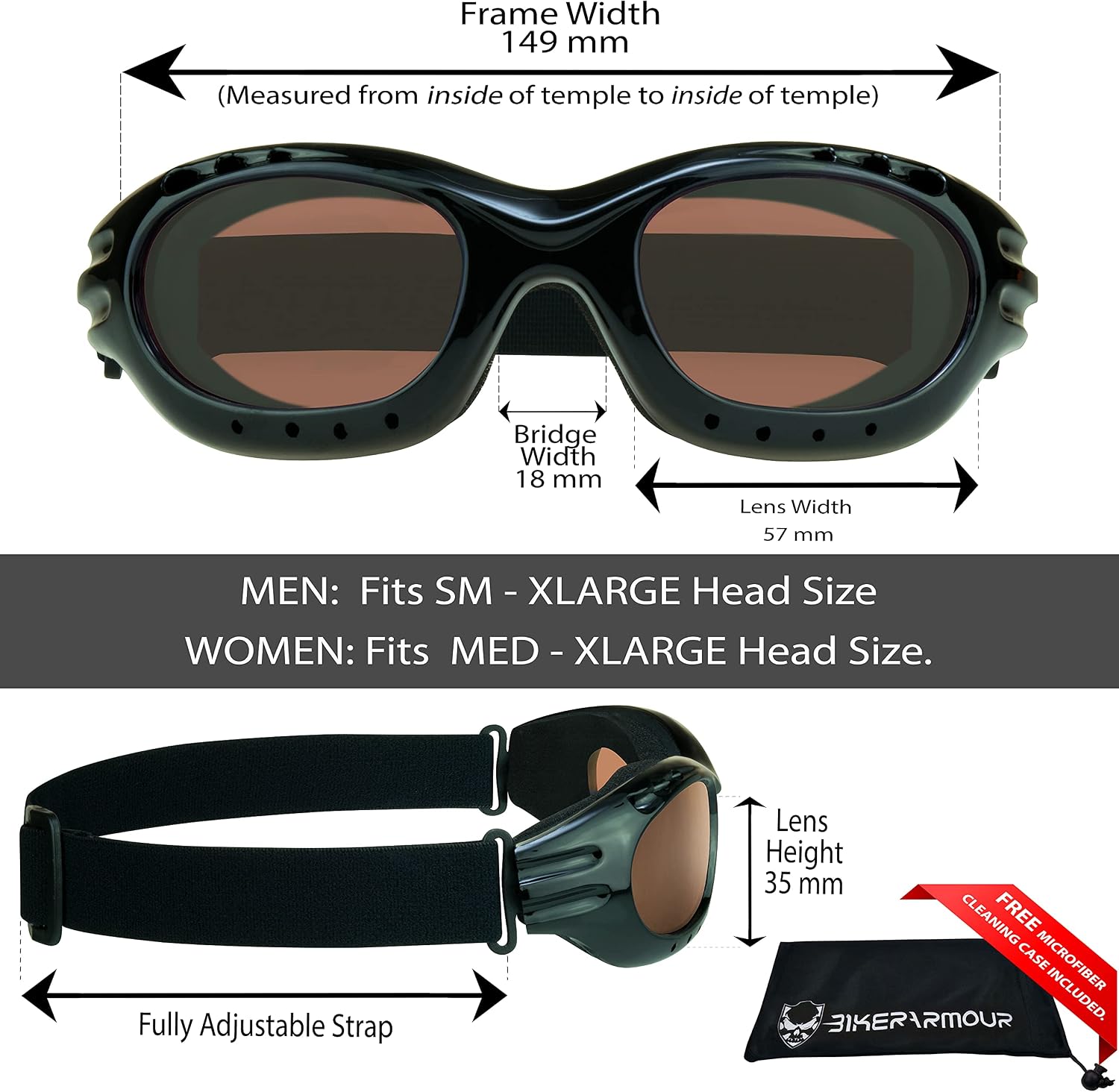 Bikershades Motorcycle Safety Riding Goggles Men Women. Polarized Lens, Smoke, Mirrored Blue or Orange, Clear Yellow Lenses