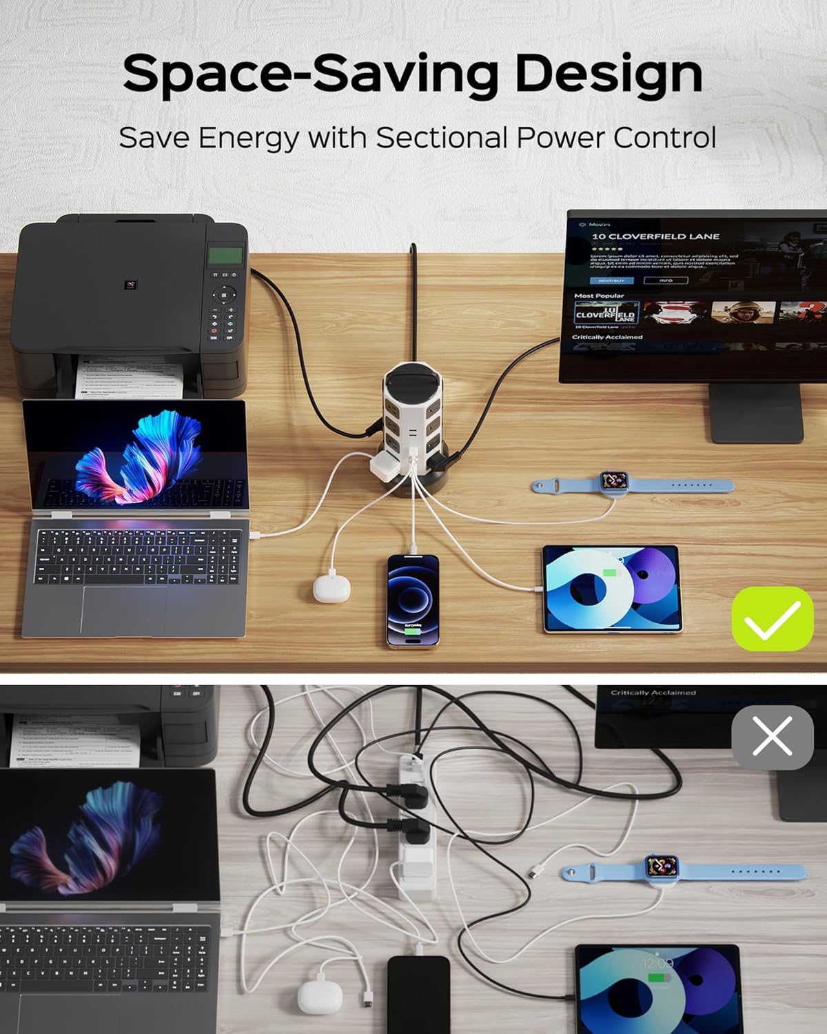 JACKYLED Power Strip Tower Surge Protector, 12 AC 6 USB (2 USB C), 1050J