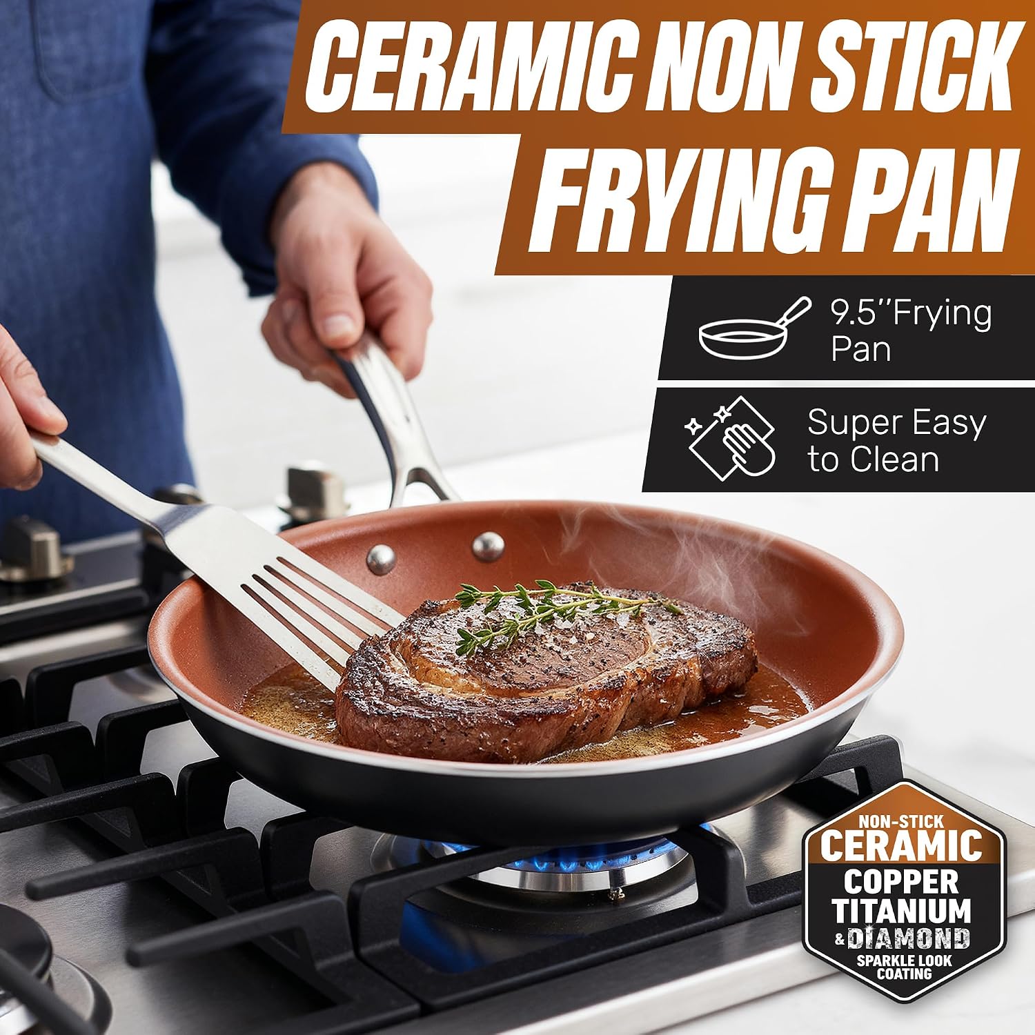 Gotham Steel 9.5 Inch Copper Non Stick Frying Pans Skillet | Ceramic Non Toxic Coating Made Without PFOA/PTFE/PFOS, Lightweight, Stay Cool Handle, Oven and Dishwasher Safe