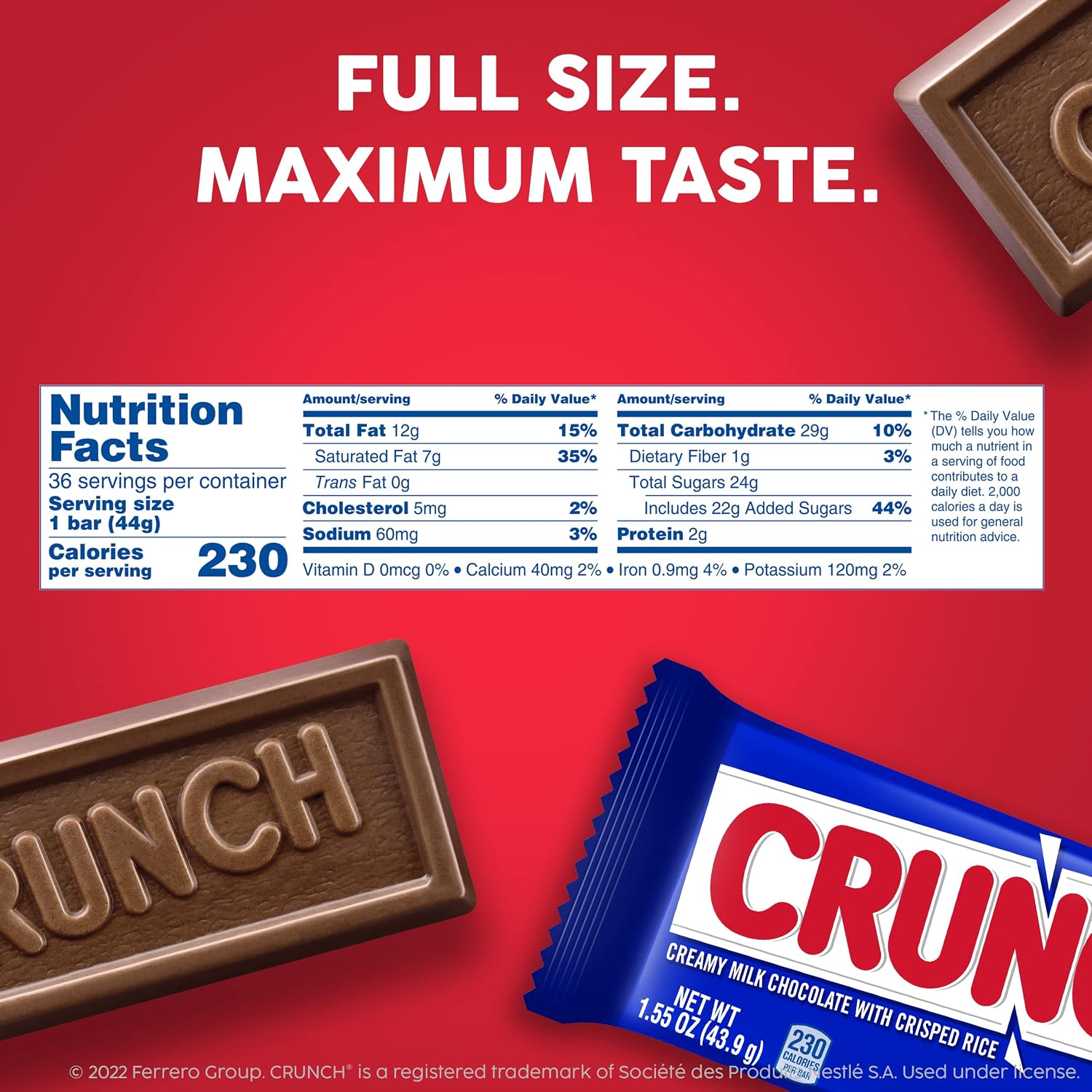 CRUNCH Full-Size Candy Bar, Creamy Milk Chocolate with Crunchy Crisped Rice, 36 Individually Wrapped Bars, 1.55 oz Each
