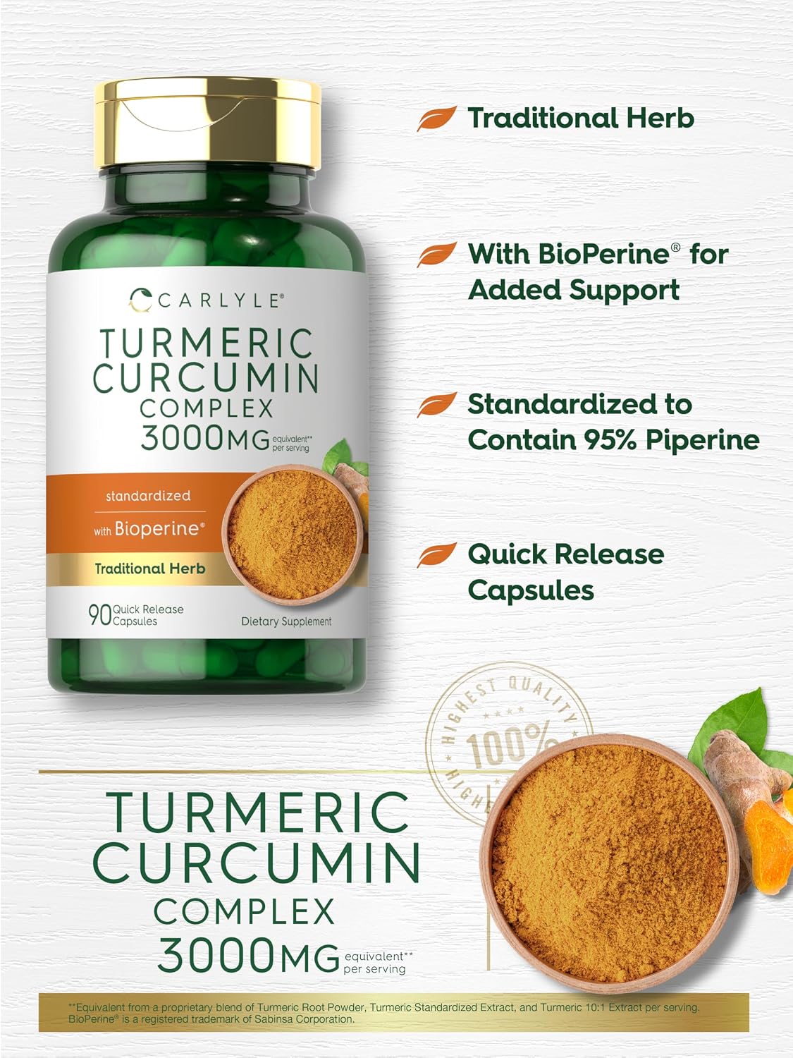 Carlyle Turmeric Curcumin with Black Pepper | 90 Powder Capsules