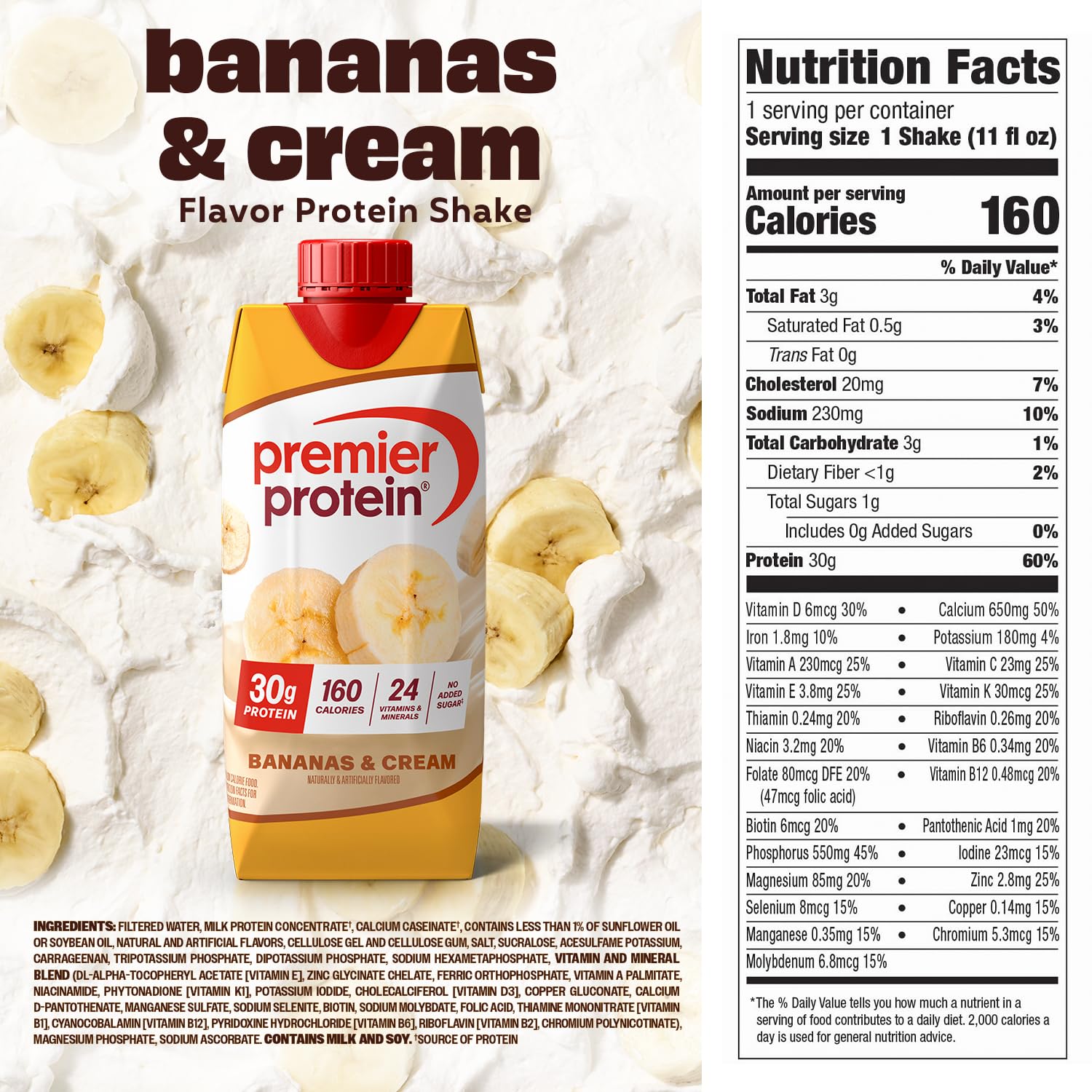 Premier Protein 30g High Protein Shake, Vanilla, 12 Pack | 160 Calories, 24 Vitamins & Minerals, No Added Sugar, Supports Muscle Health, Gluten-Free, 11 oz