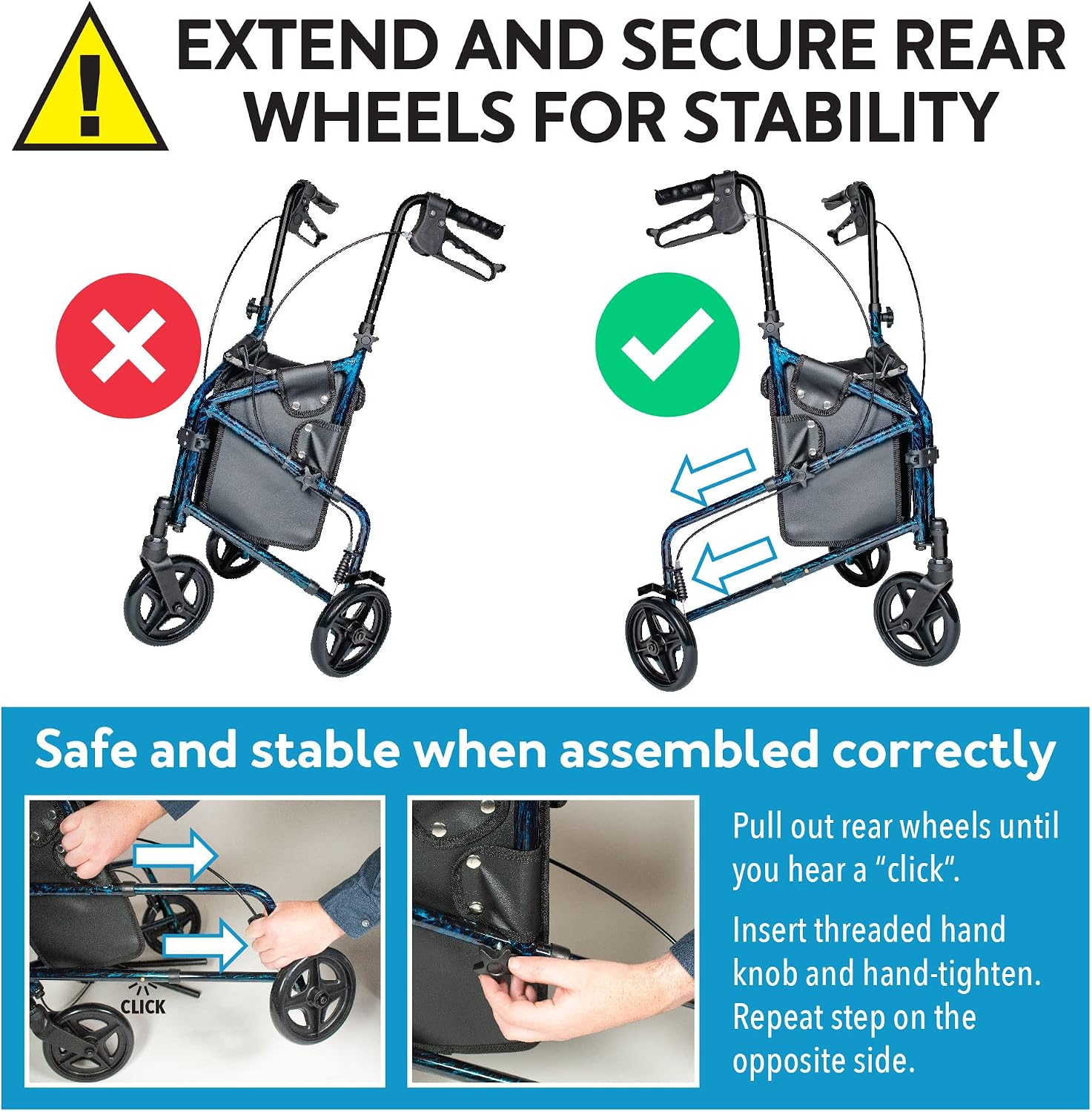 Carex 3 Wheel Walker for Seniors, Foldable, Rollator Walker with Three Wheels, Three Wheel Rolling Walker Height Adjustable for Seniors, Blue, Trio