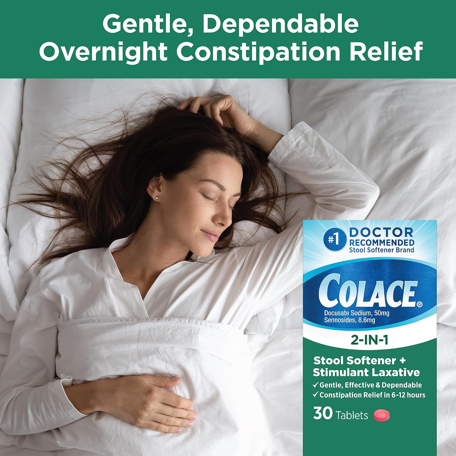 Colace 2-in-1 Stool Softener Plus Stimulant Laxative Tablets, 60 Count