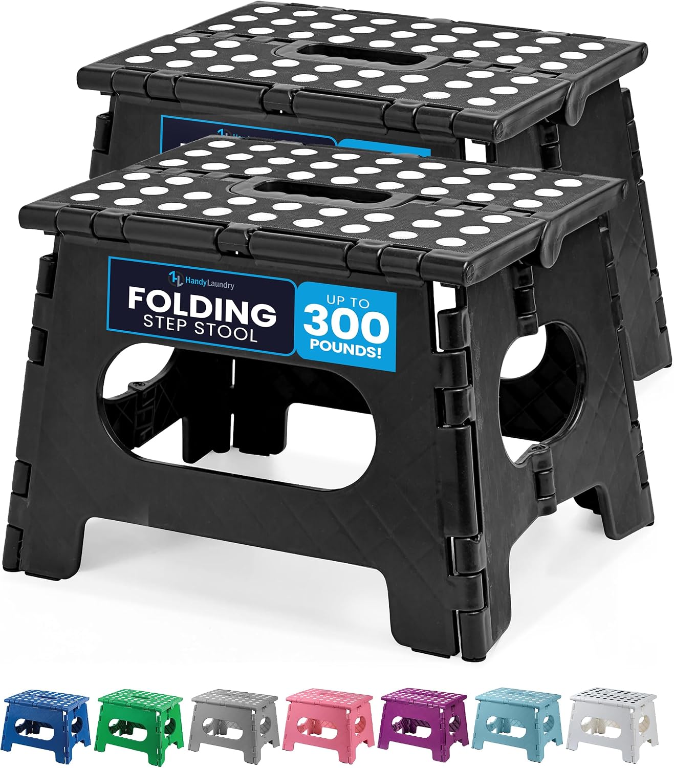 Handy Laundry Folding Step Stool 9 Inch, Black, Non-Slip Holds 300 lbs | 9 Inch, Black, Foldable Collapsible Step Stool, Non-Slip, Holds 300 lbs, Kitchen Bathroom Bedroom, Adults