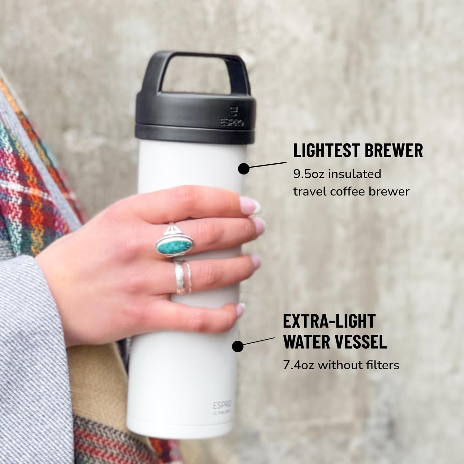 ESPRO Go P0 Ultralight French Press Coffee Maker for Travel, Vacuum Insulated Stainless Steel, 16 Ounces, Matte Meteorite Black