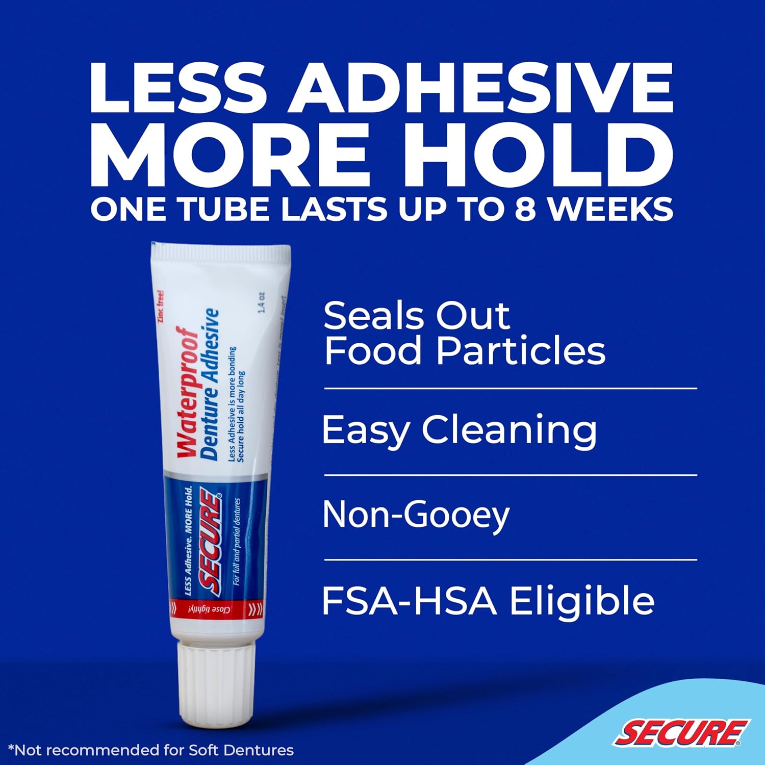 Secure Denture Adhesive Cream, Zinc Free Denture Glue, 1.4 oz | Waterproof Seal - Food Grade Ingredients - Less Adhesive, More Hold - Tube Lasts Up to 8 Weeks