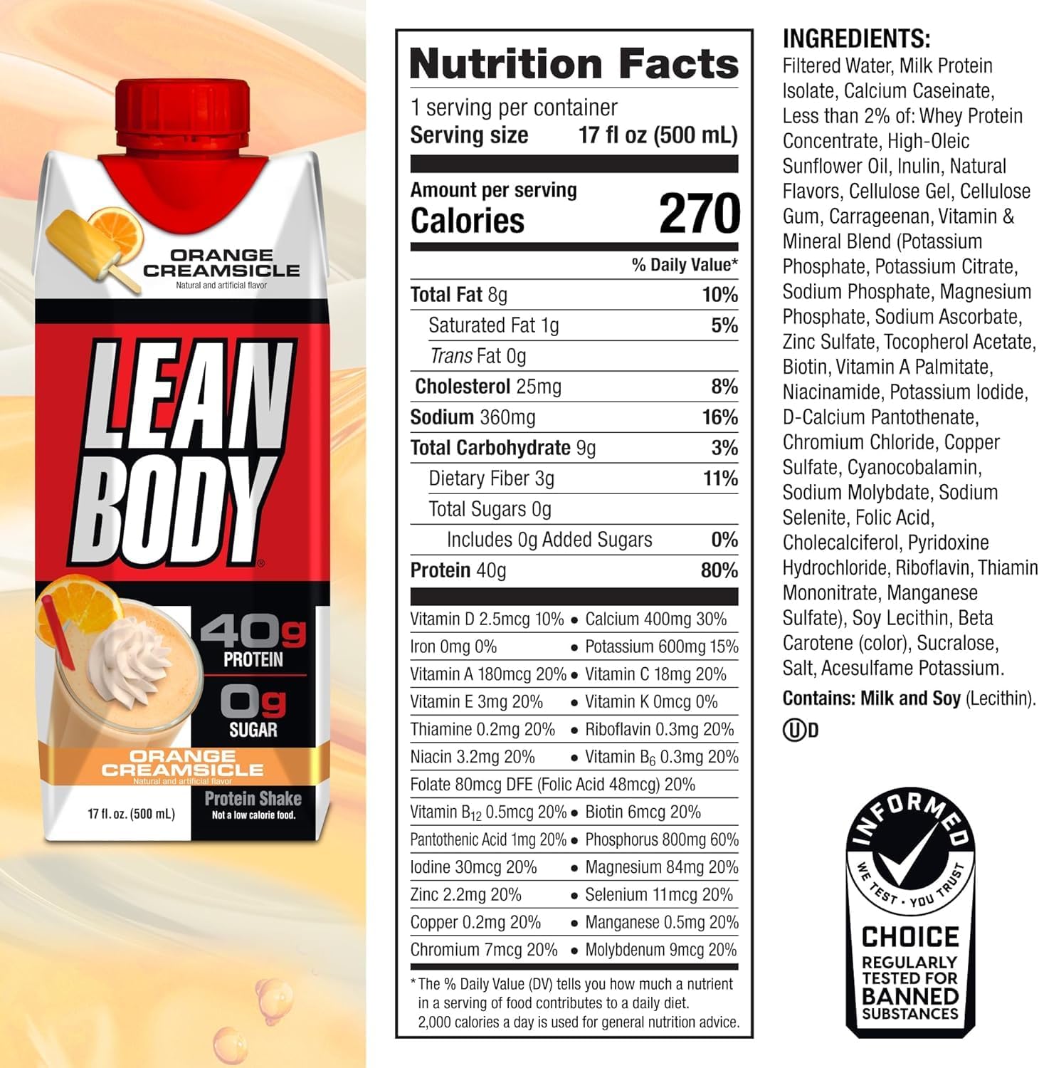 Labrada Lean Body Ready-to-Drink Chocolate Protein Shake, 40g Protein, Whey Blend, 0 Sugar, Gluten Free, 22 Vitamins & Minerals, LABRADA, 17 Fl Oz (Pack of 12)