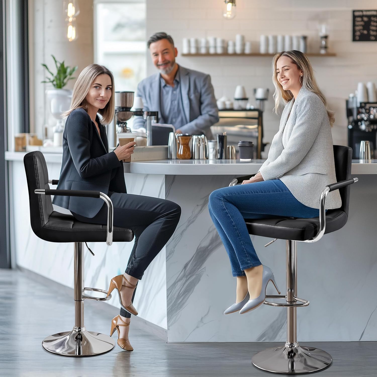 Yaheetech Bar Stools Set of 2, Swivel with Backs, Adjustable Height, White | 360° Swivel Barstools Feature Padded PU Leather Seats, Supportive Backs, 300 lb Capacity for Kitchen Islands