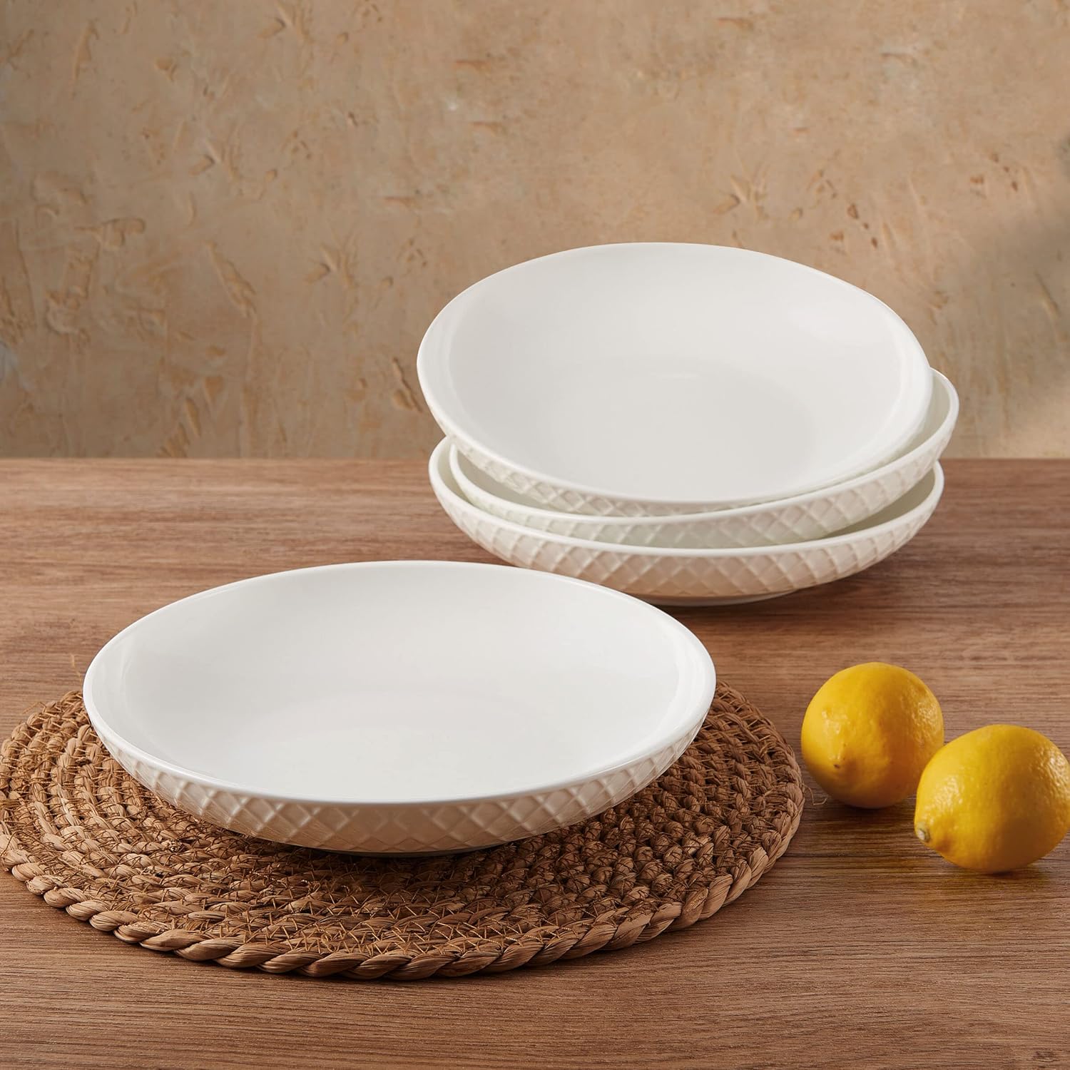 Mikasa Trellis Bone China 9-Inch Pasta Bowls Set of 4, Lightweight, Chip-Resistant White Porcelain, Dishwasher and Microwave Safe