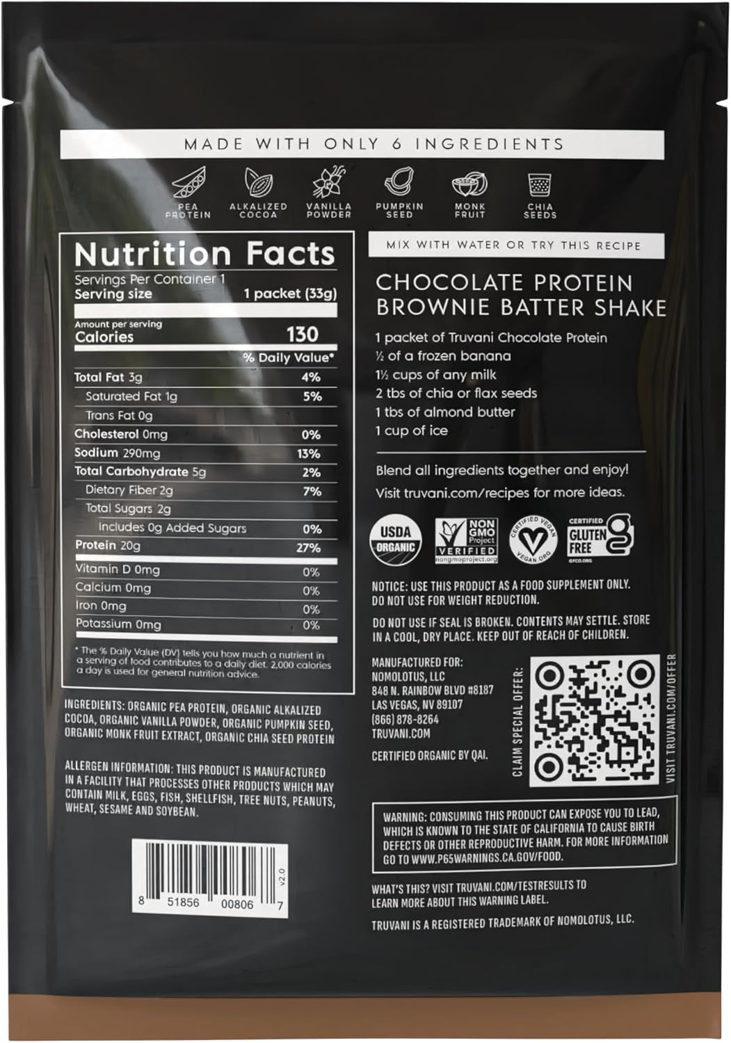 Truvani Organic Plant Based Protein Powder | Chocolate | 1 Serving