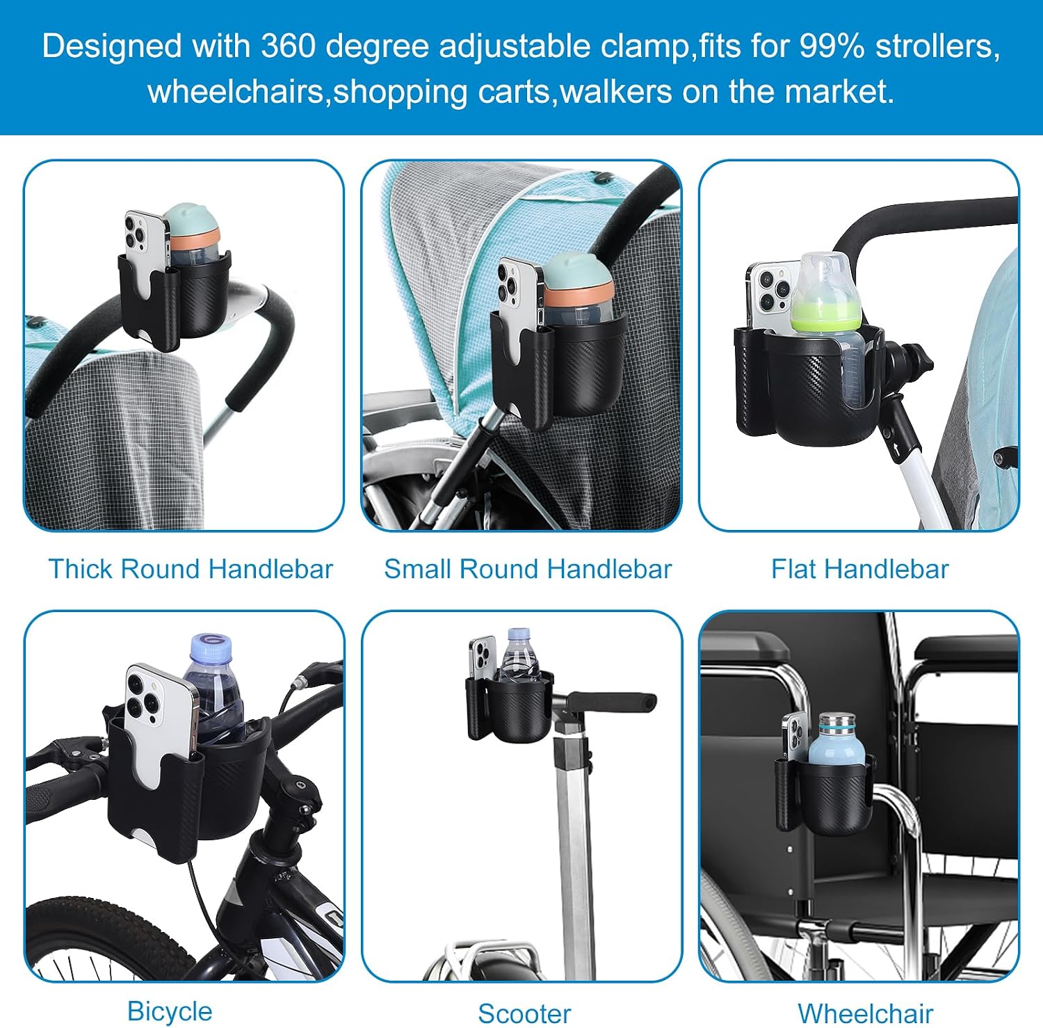 Accmor Stroller Cup Holder with Phone Holder, Bike Cup Holder, Universal Cup Holder for Uppababy Nuna Strollers, 2-in-1 Drinks Holder for Walker