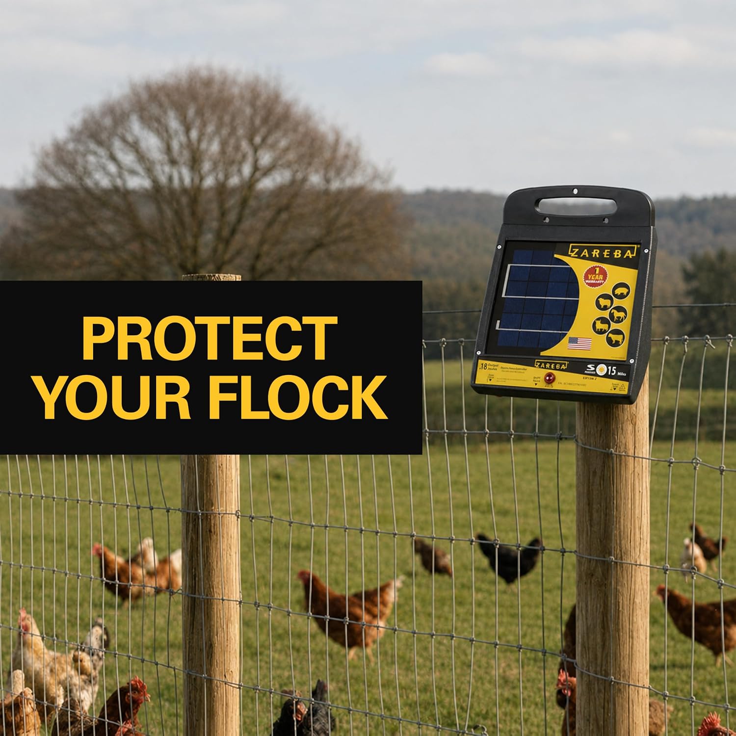 Zareba Solar Powered Low Impedance Electric Fence Charger, 15 Mile Solar Powered Electric Fence Energizer, Contain Animals