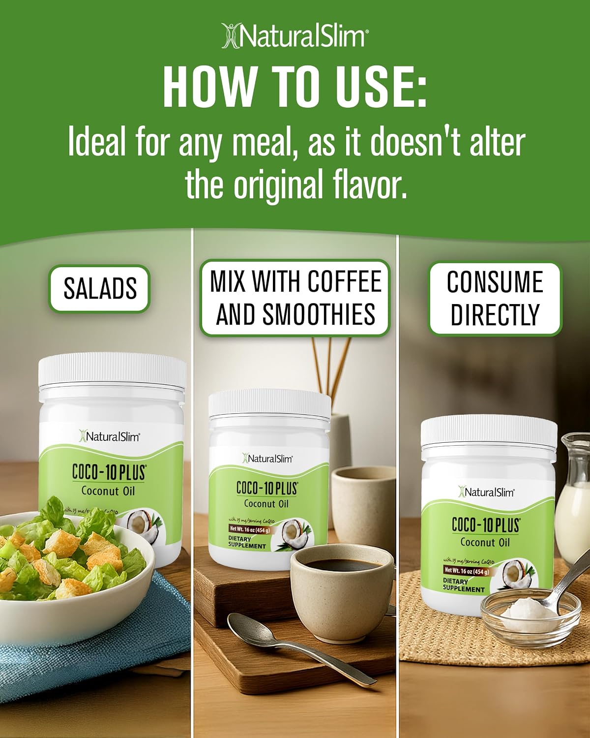NaturalSlim Coconut Oil with CoQ10, MCT Oil, Fresh Flavor | MCT Oil Organic Coconut Oil for Baking, Mixing with Shake, Smoothies, Coffee