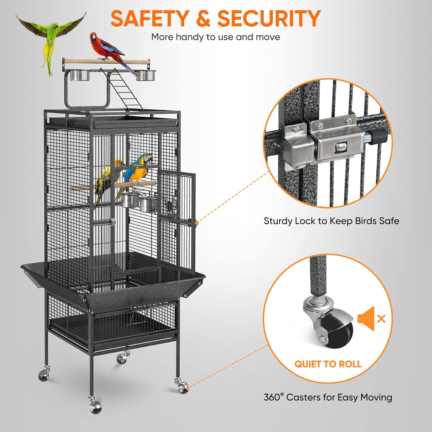 68 inch Iron Bird Cage, Play Top Parrot Cage with Rolling Stand for Parrot Cockatiels Parakeet Cage Macaw Finch Cockatoo Perch Pet House, Black