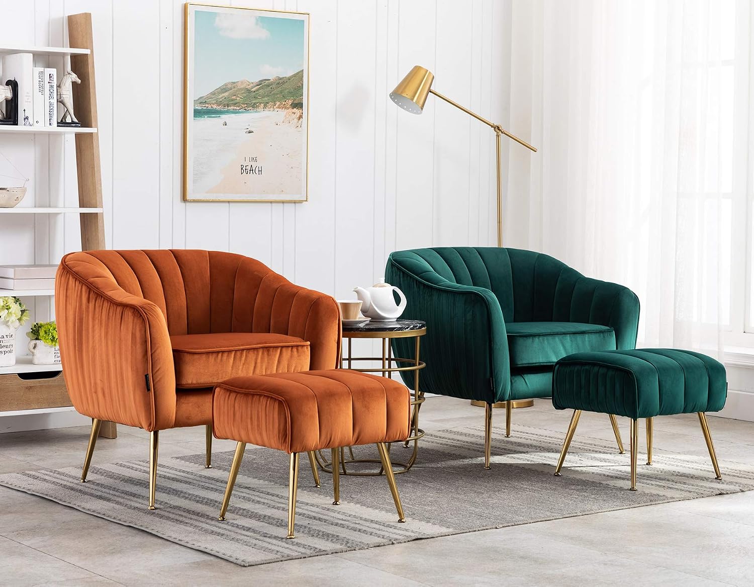 Velvet Modern Tub Barrel Arm Chair Upholstered Tufted with Gold Metal Legs Accent Club Chair with Ottoman Footrest for Living Reading Room Bedroom