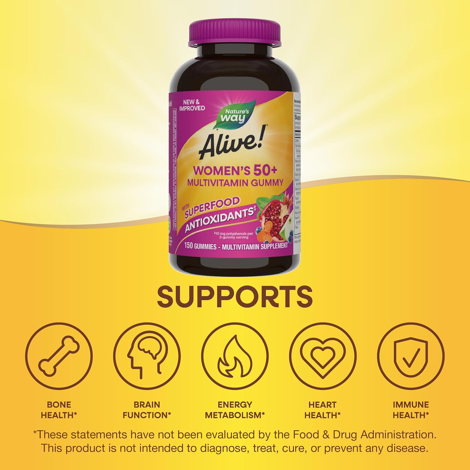 Nature's Way Alive! Women's 50+ Multivitamin Gummies, Mixed Berry, 60 ct | Daily Gummy Multi with B-Vitamins, Vitamin D3 & Calcium to Support Heart, Brain, & Bone Health for Women 50 and Older*