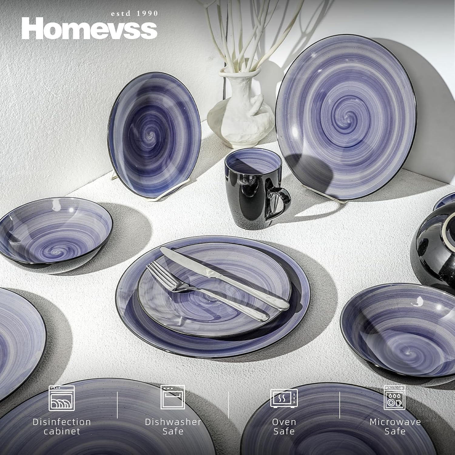 HomeVss, Sonoma Stoneware Dinnerware Set, Outside Black + Inside Hand Painting Color (16pc Set, Grey)