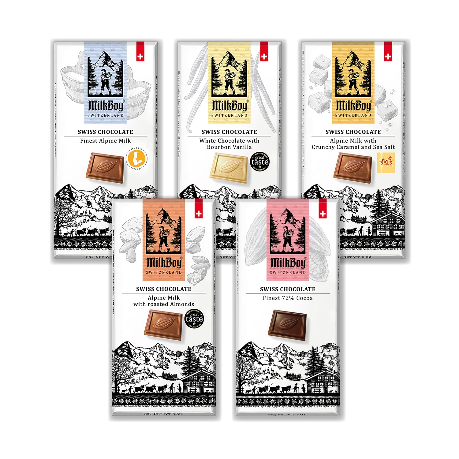 MilkBoy Swiss Chocolates Chocolate Bar Variety Flavors - 3 oz, 5 Pack | Includes milk, dark, white bourbon vanilla, caramel sea salt & almond flavors. Rainforest Alliance certified cocoa. Kosher.