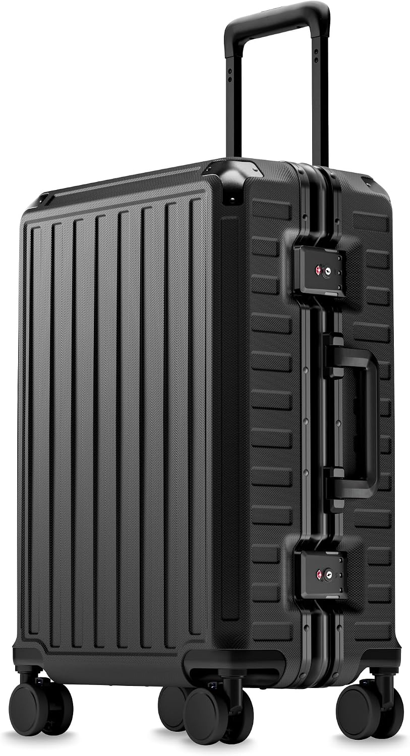 LUGGEX Zipperless Checked Suitcase, Aluminum Frame, Charcoal Metallic, 28" | Checked Luggage, 100% PC Hard Shell, 8010S Aluminum Frame, 8 Spinner Wheels, TSA Lock, Hard Shell, ZX-Core