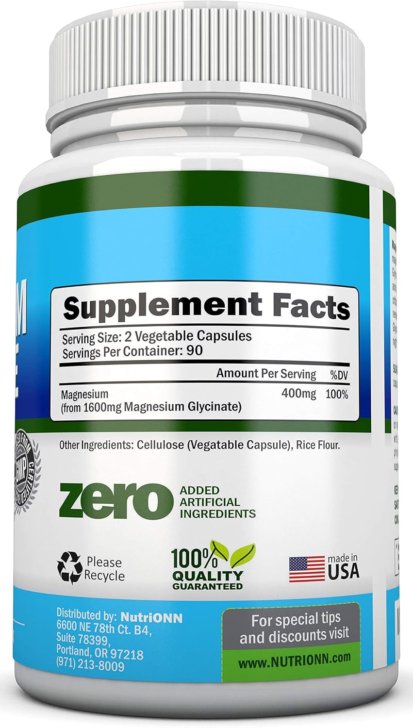 Magnesium Glycinate - 1600 mg - 180 Vegan Capsules - Maximum Absorption - Chelate Vegan Supplement - High Bioavailability - Great for Heart Health