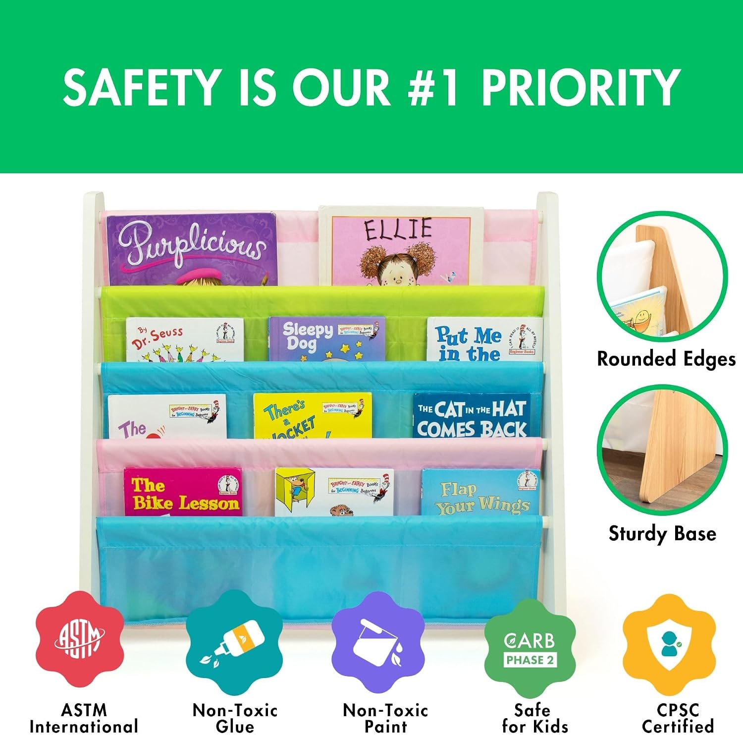 Humble Crew Kids Bookshelf, Montessori Front Facing Toddler Bookcase 4 Tier | Book display rack and reading nook organizer, nylon pockets show covers face out, compact for any playroom or bedroom space