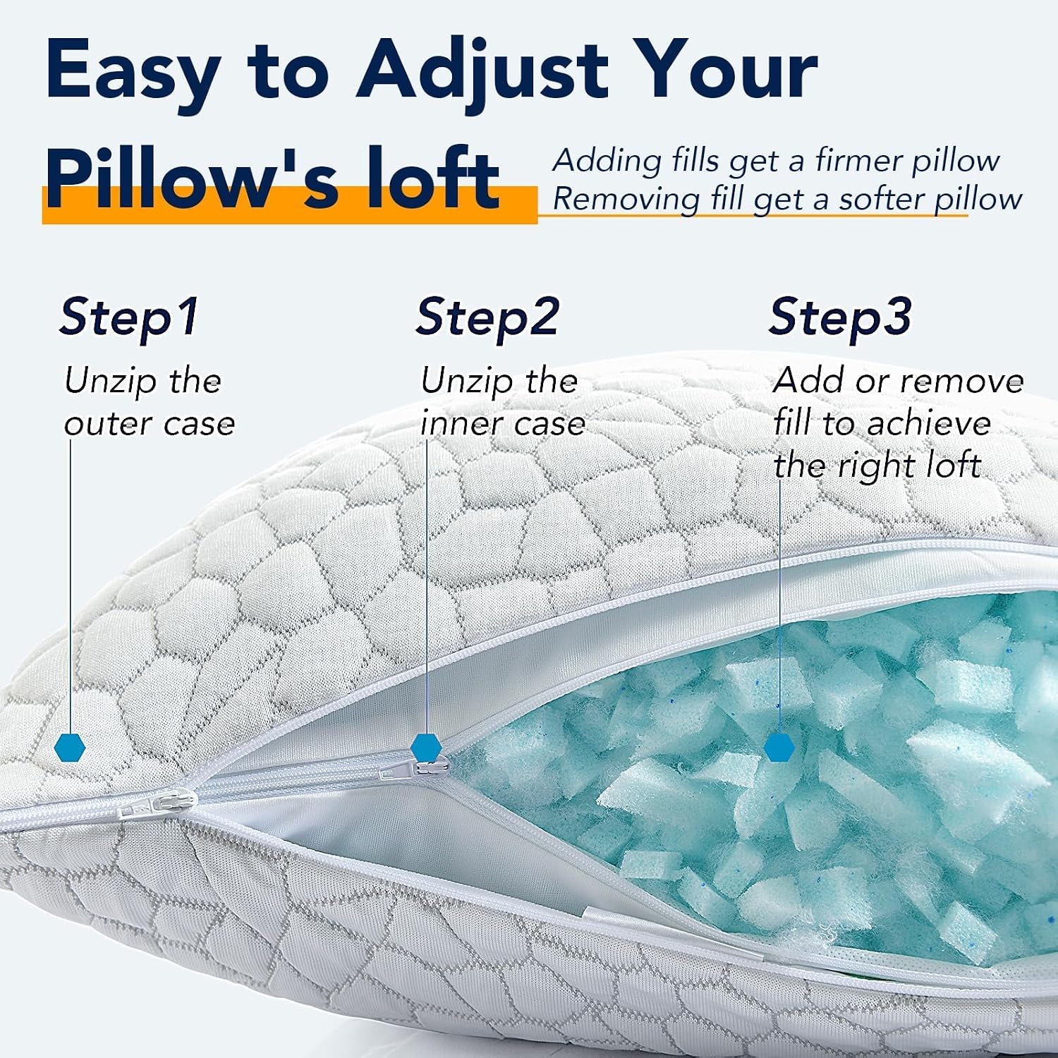 QUTOOL Cooling Pillow for Sleeping, CertiPUR-US Shredded Memory Foam Queen Pillows Set of 2, Cool Pillow for Hot Sleepers Adjustable Firm Pillow for Side, Back, Stomach Sleepers Soft Yet Support,White