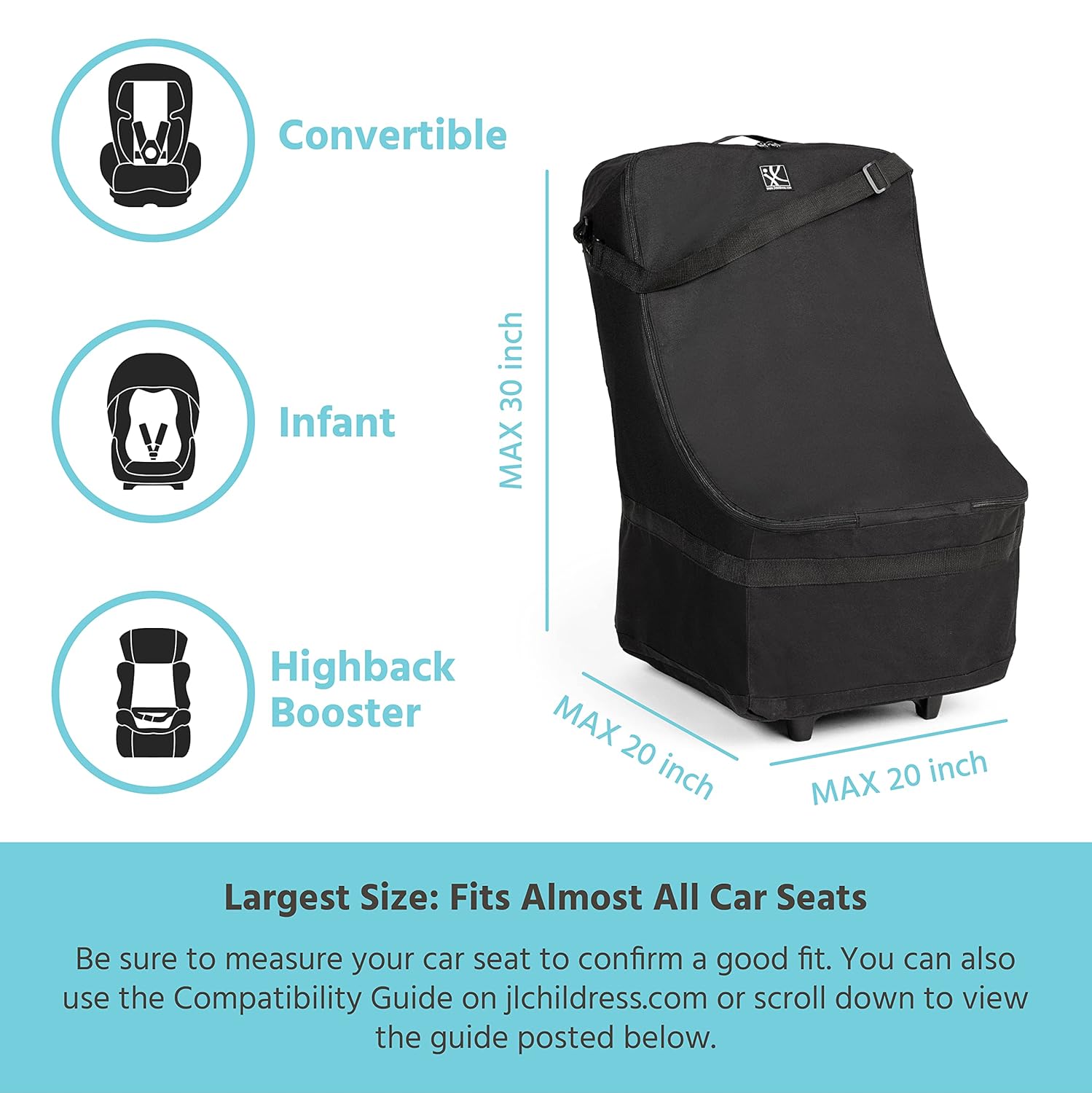 J.L. Childress Spinner Wheelie Padded Car Seat Bag- Travel Bag for Airplane, Fits Most Baby & Infant Car Seats, Boosters, & Carriers, Airport Accessories for Gate Check or Baggage Check- Deluxe, Black