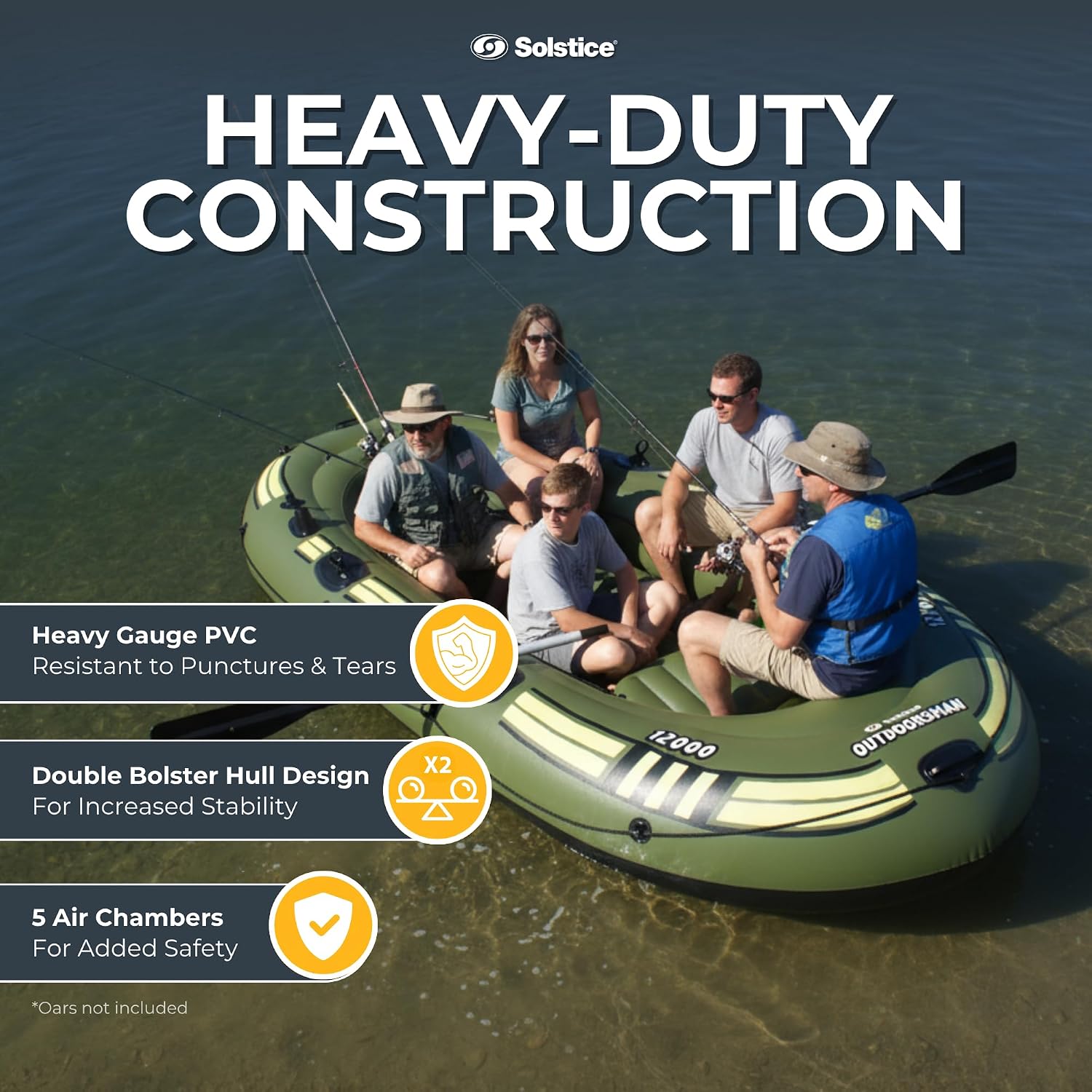 Solstice Voyager 4-Person Inflatable Fishing Boat with Dual Swivel Oar Locks and Rod -Holder, Motor Compatible 9' x 5'
