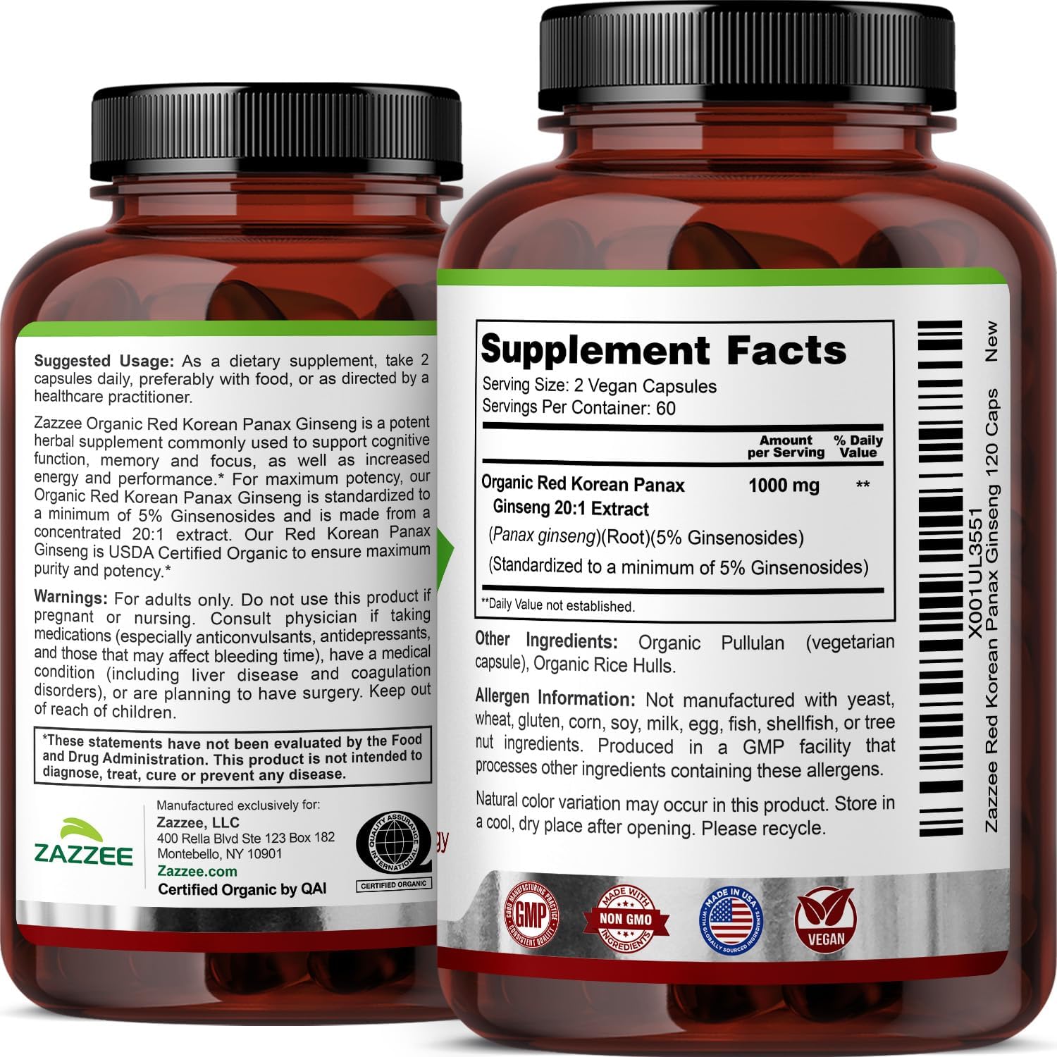 Zazzee USDA Organic Red Korean Panax Ginseng 20:1 Extract, 120 Capsules | 1000 mg Per Serving, 5% Ginsenosides, Vegan, 4 Month Supply