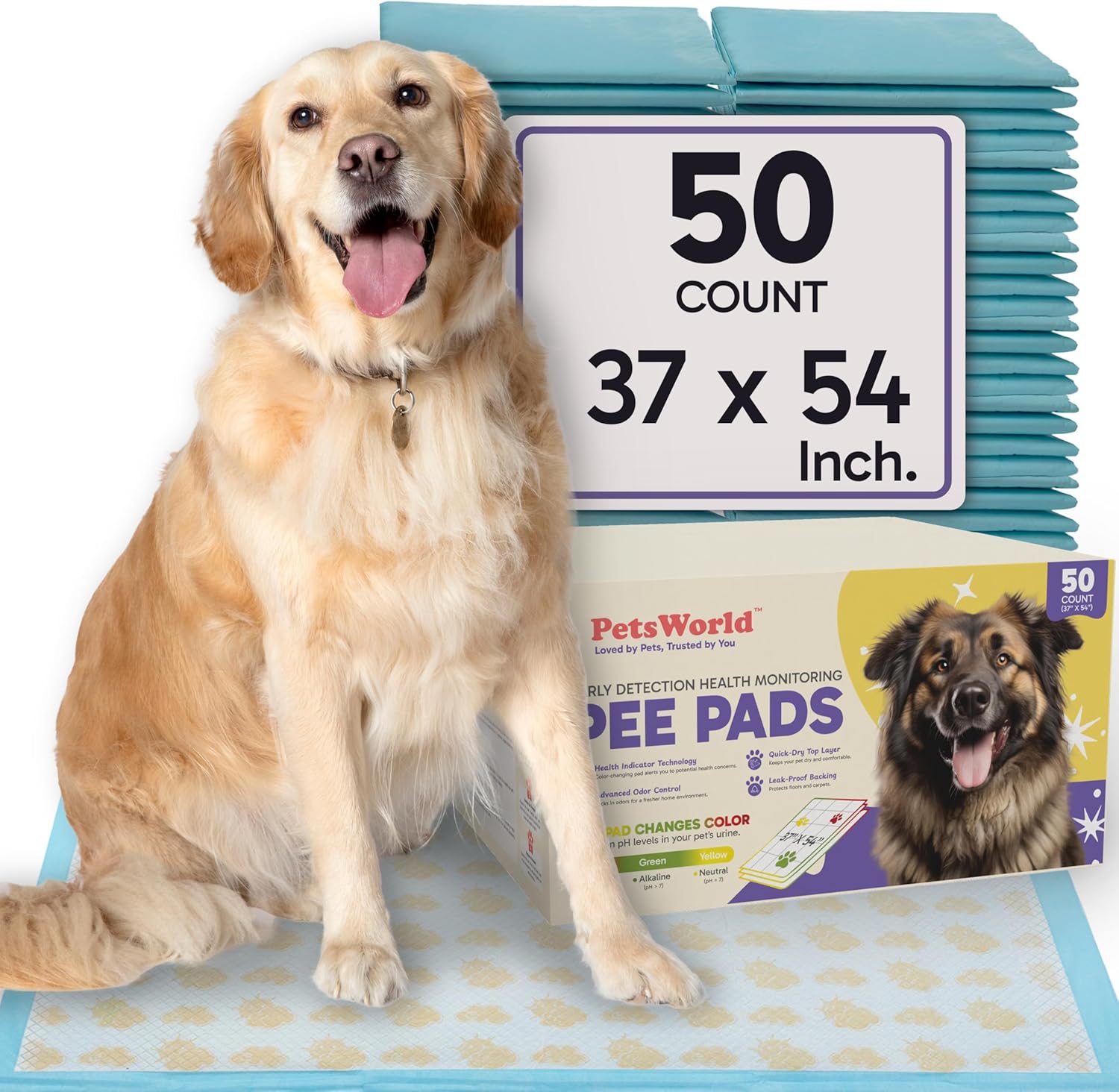 PetsWorld Enormous Dog Pee Pads 37"x54" 50 Count – XXXL Pet Pee Pads for Giant Dogs & Pets, Heavy Duty Leak-Proof Dog Training Pads, Super Absorbent Quick-Dry Potty Pads with Adhesive Tabs