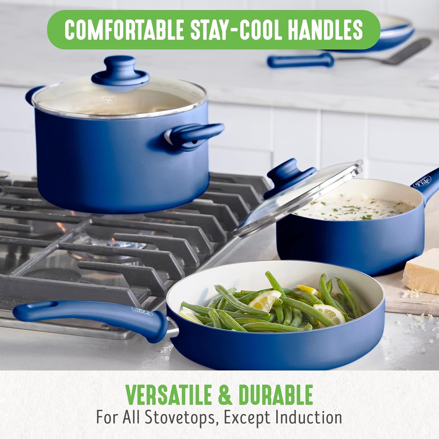 GreenLife Soft Grip Healthy Ceramic Nonstick, 15 Piece Cookware Pots and Pans Set, Induction, PFAS-Free, Dishwasher Safe, Turquoise