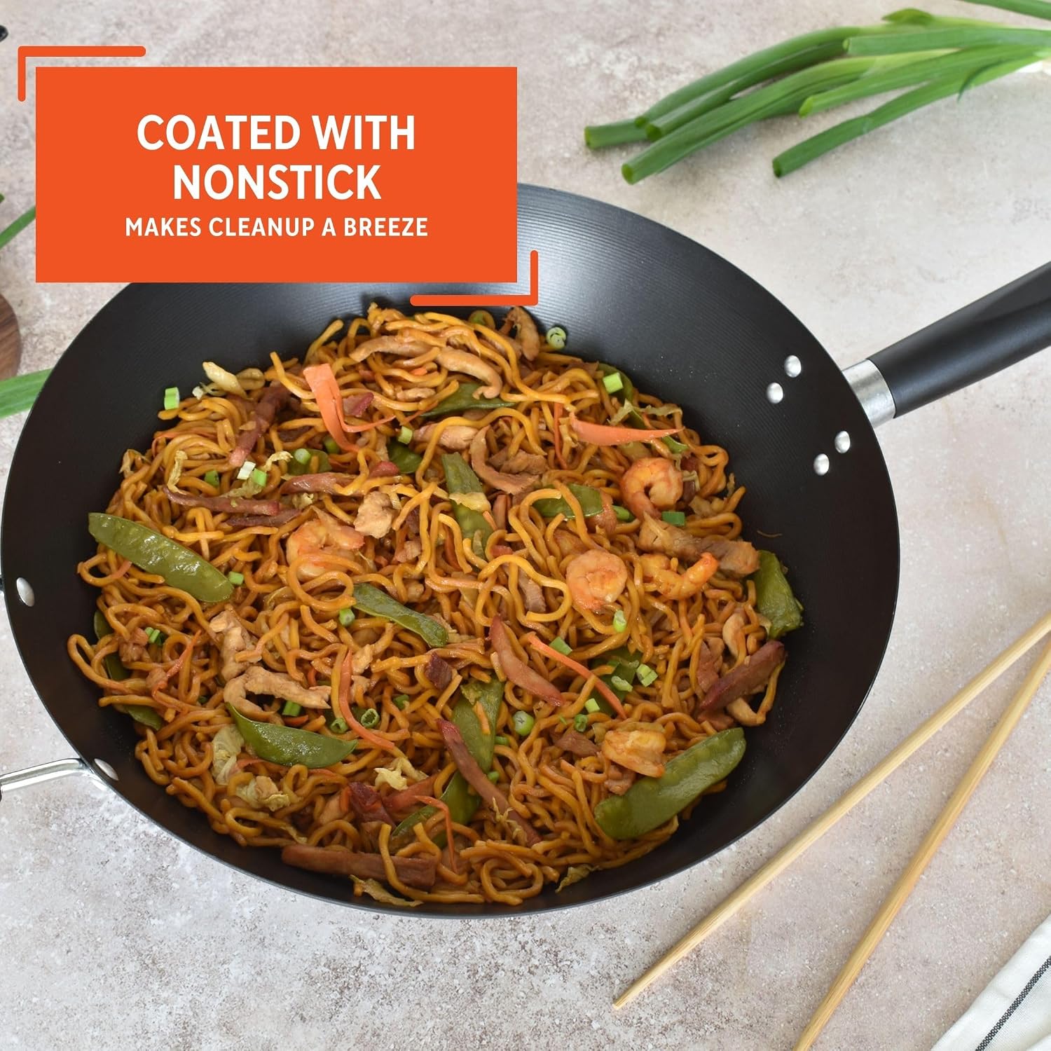 IMUSA 9.5 Inch Carbon Steel Nonstick Wok with Cool-touch Handle, Black | Cool-Touch Handle, Ideal for Stir Fry, Great for Everyday Meals