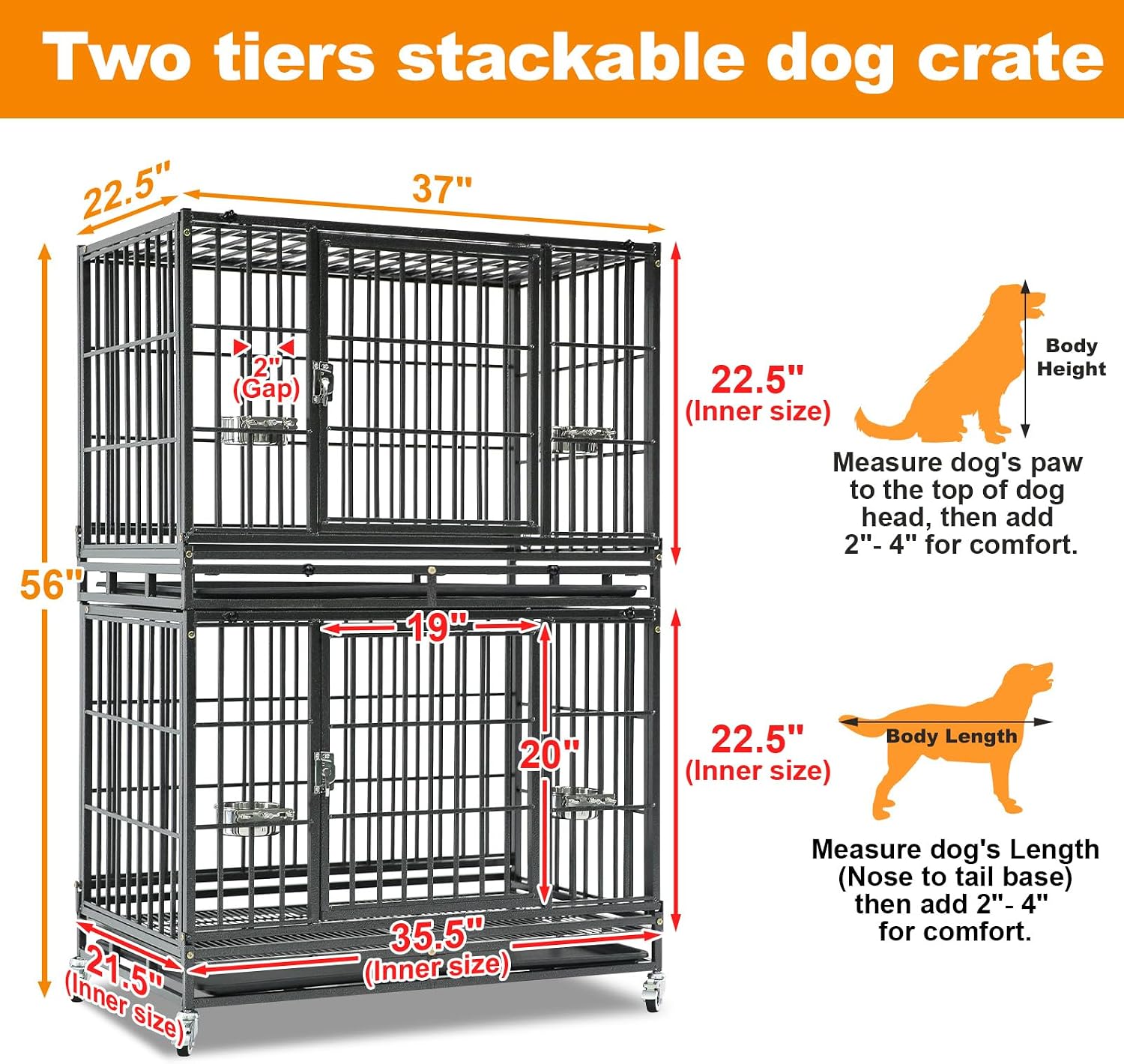 Homey Pet Three Tiers 43 inch Heavy Duty Dog Crate with Wheels, Dual Doors | Stackable Indestructible Steel Dog Cage Kennel Indoor with Divider, Trays, Bowls, Escape Proof Locks for Breeders and More
