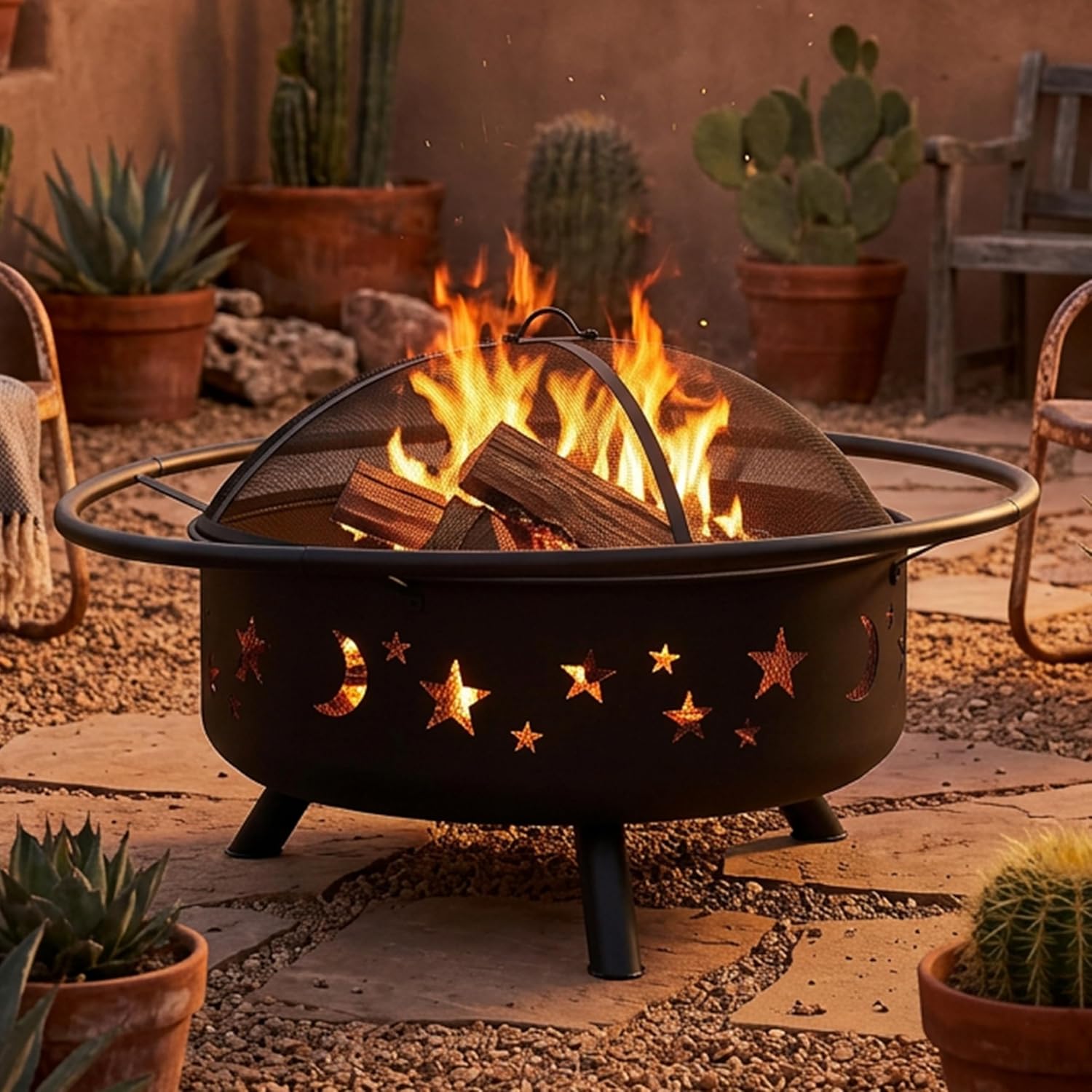 Sunnydaze Cosmic 42" Large Outdoor Fire Pit, Wood Burning, 34" Bowl Dia | Bronze, Heavy Duty Steel Metal, Includes Spark Screen, Wood Grate, & Poker, Round Backyard Firepit for Outside, Patio, Deck