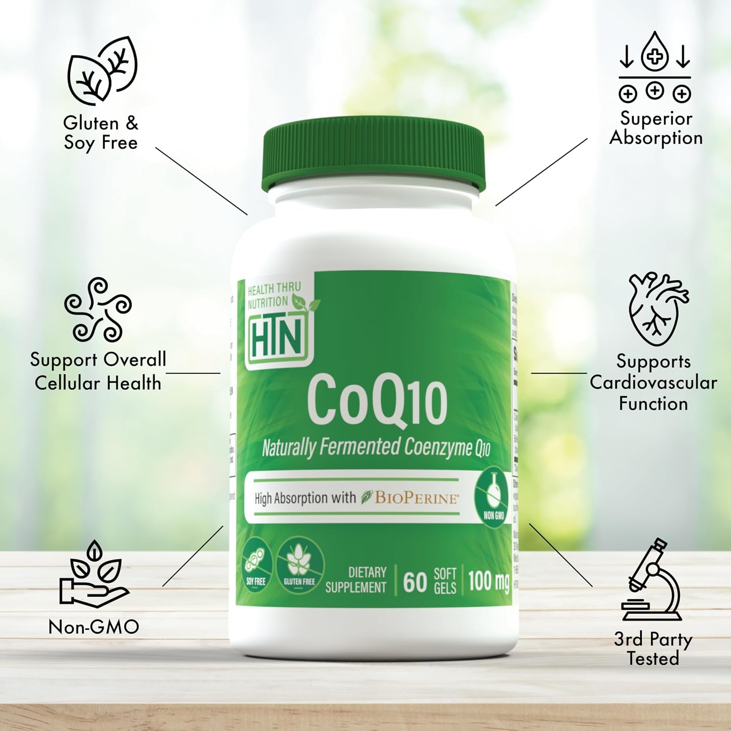 Health Thru Nutrition CoQ-10 100mg with BioPerine 120 Softgels | High Absorption Naturally Fermented USP Grade Coenzyme Q10 Supplement | 3rd Party Tested | Heart Health and Energy Support | High Absorption Naturally Fermented USP Grade Coenzyme Q10 Suppl…