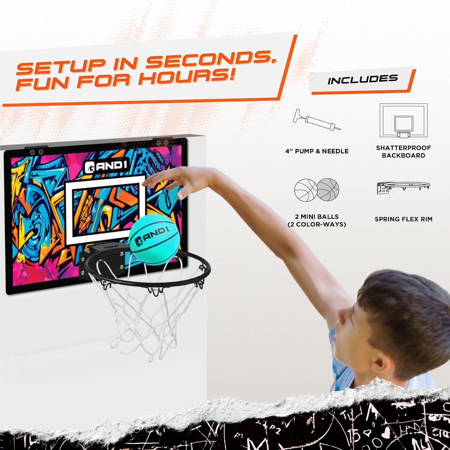 AND1 Over the Door Mini Basketball Hoop: 18x12 Shatterproof Backboard, 2 Mini Basketballs