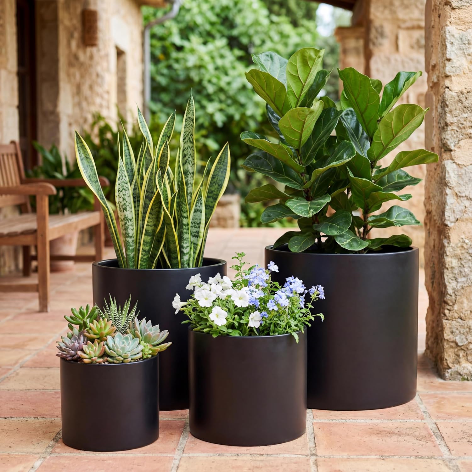 FaithLand 14 Inch Fiberstone Planter - Lightweight Modern Cylinder Plant Pot with Drainage Hole & Plug, Indoor Outdoor Use, Matte White