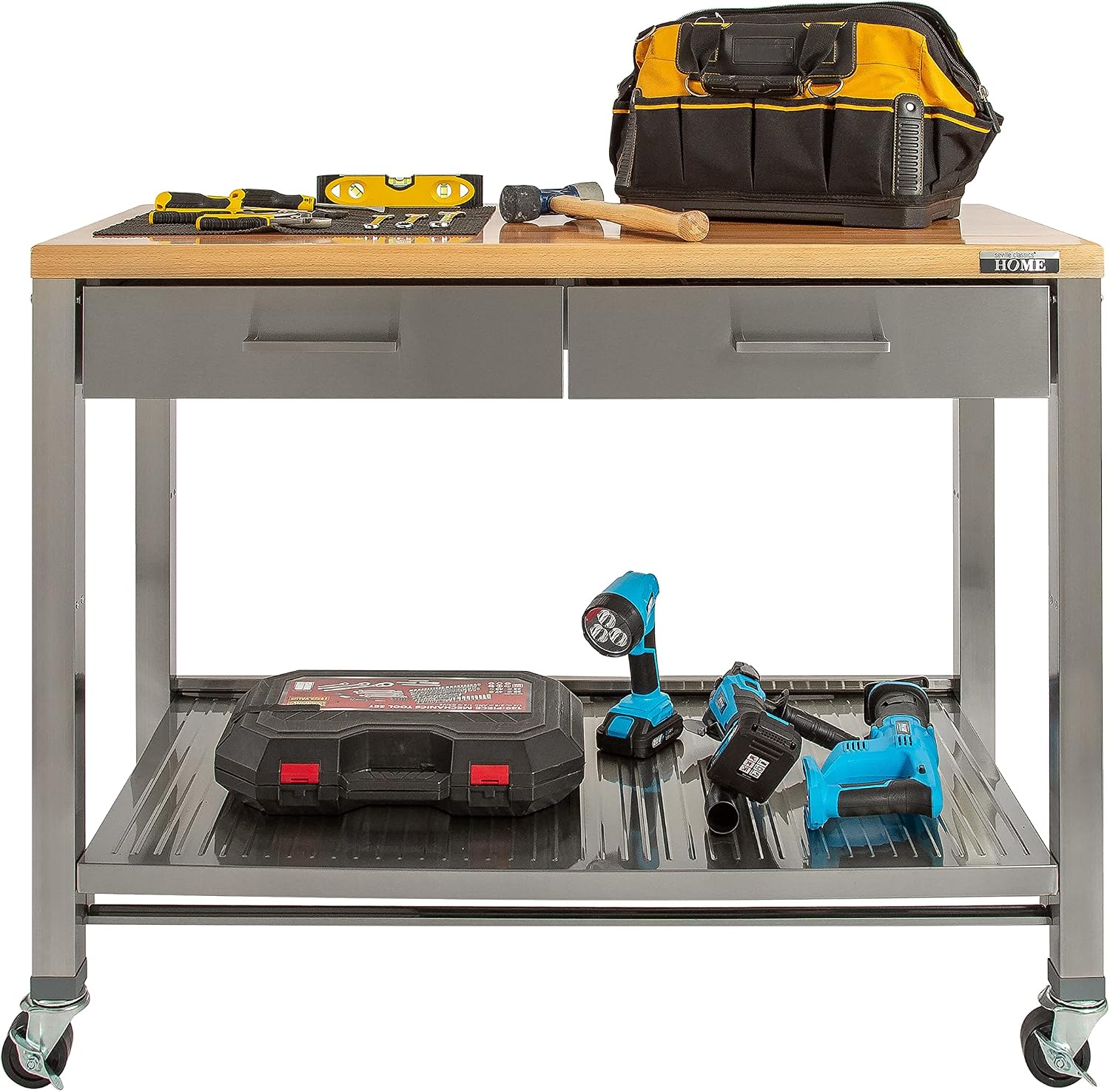 Stainless-Steel Commercial-Grade NSF-Certified Prep Table Cart, 24"W x 20"D | Heavy-duty durable utility workstation supports up to 450 lb w/ adjustable wire shelf and sliding basket on locking wheels