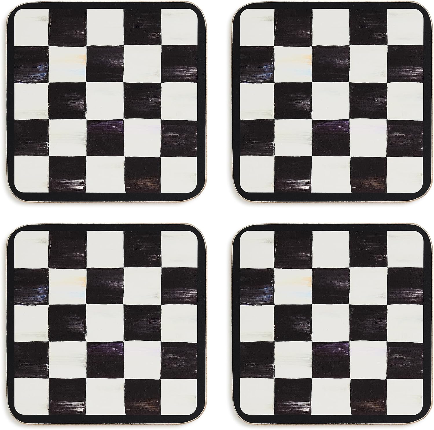 MACKENZIE-CHILDS Square Coasters Set, Black-and-White Courtly Check | Hand-painted design, made from MDF with a cork back, table coasters for drinks, 4" square, set of 4