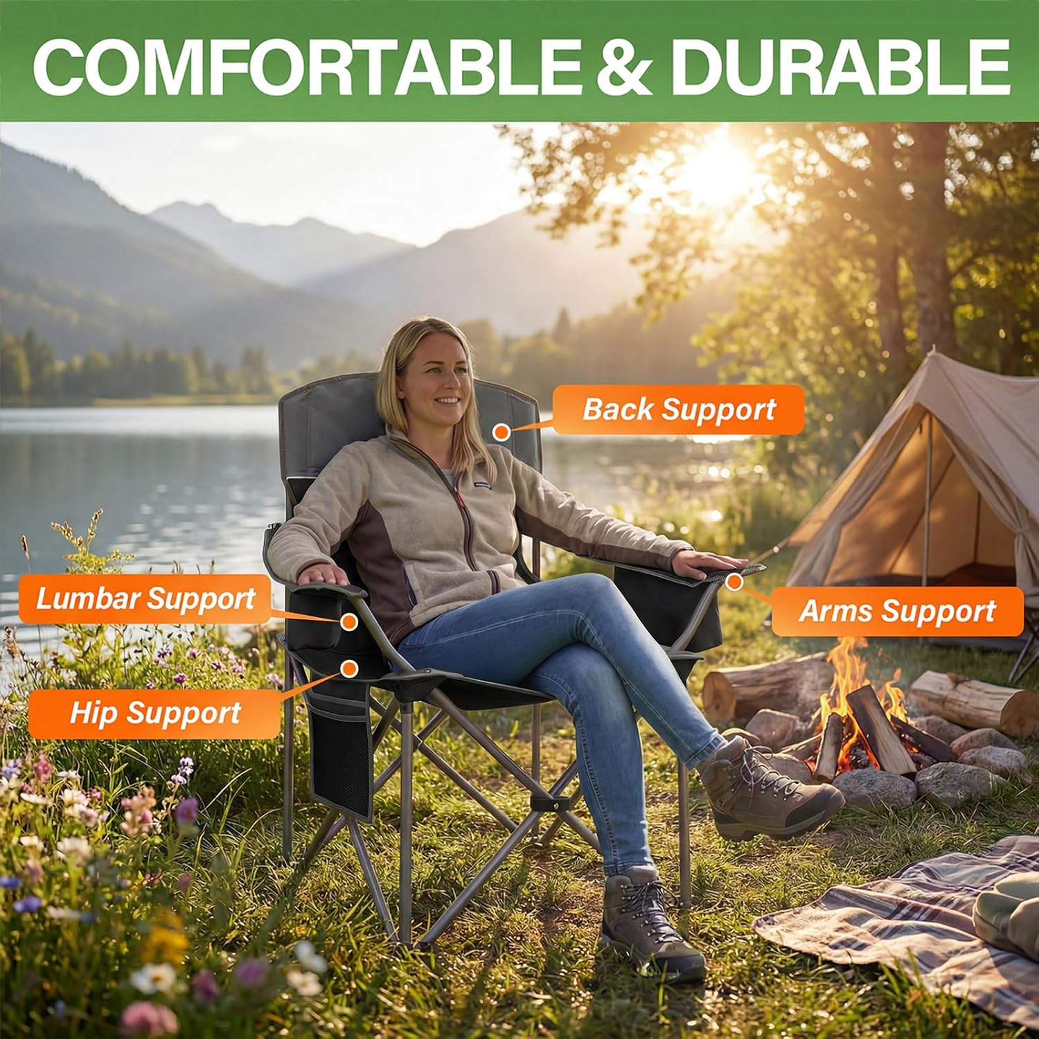 Oversized Camping Chairs 2 Pack - Heavy Duty 400LBS Padded Lawn Chair with Cooler Bag,Cup Holder,Side Pocket,Collapsible for Outdoor,Camp,Fishing & Garden,Dark Green