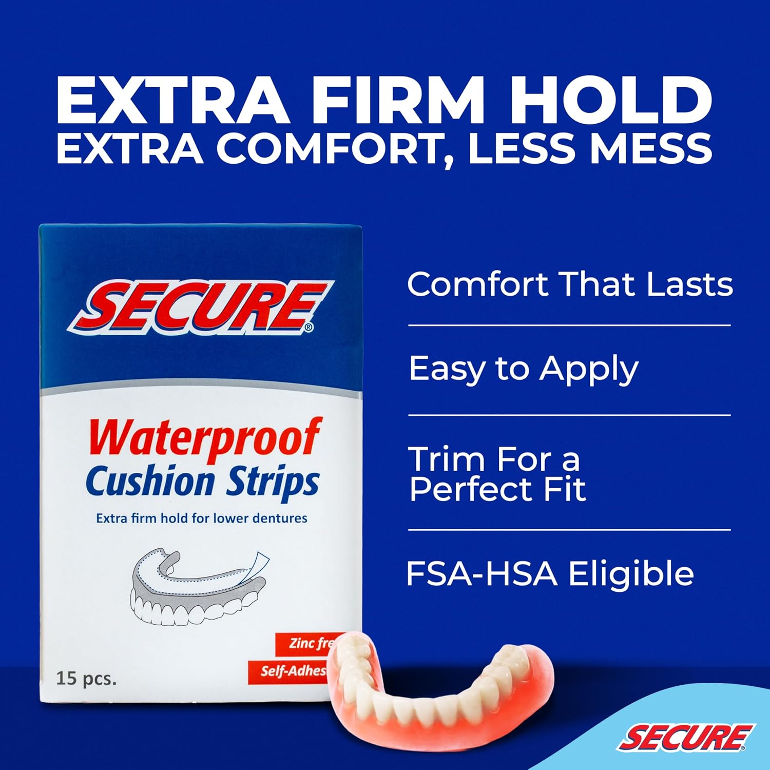Secure Denture Adhesive Strips for Lowers, Zinc Free Glue, 15 Strips | Waterproof - Comfortable Cushion Fit for Lowers - Extra Firm All-Day Hold - No Mess - Clean Ingredients