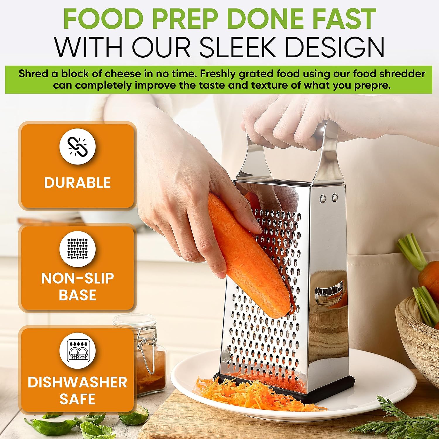 Spring Chef Stainless Steel Cheese Grater, Large Box Grater for Kitchen | 4 Sided Handheld Vegetable Shredder, Kitchen Food Grater for Cheese, Potato